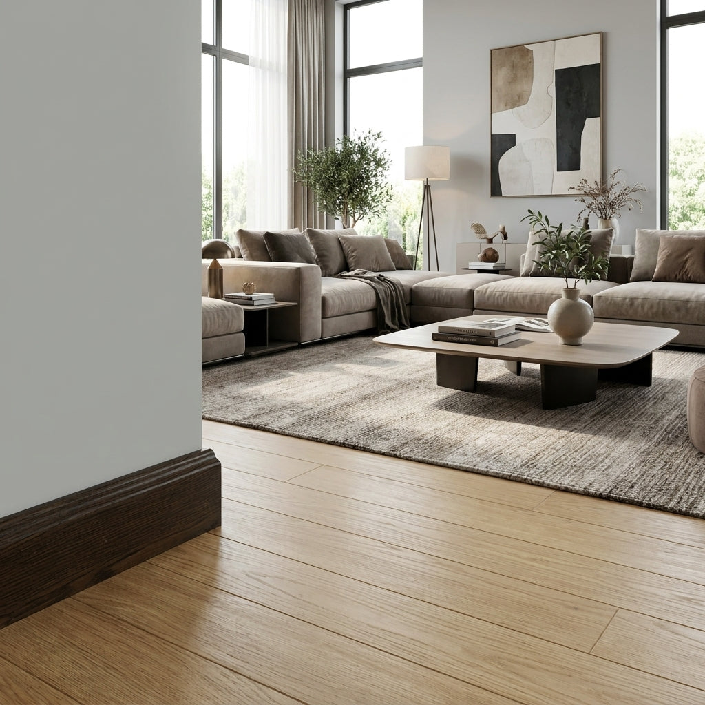 BATTISCOPA DUCALE in legno MASSELLO impiallacciato VERO LEGNO DI ROVERE T.NOCE SCURO 80x15 verniciato opaco poro aperto (prezzo al metro) - Eternal Parquet