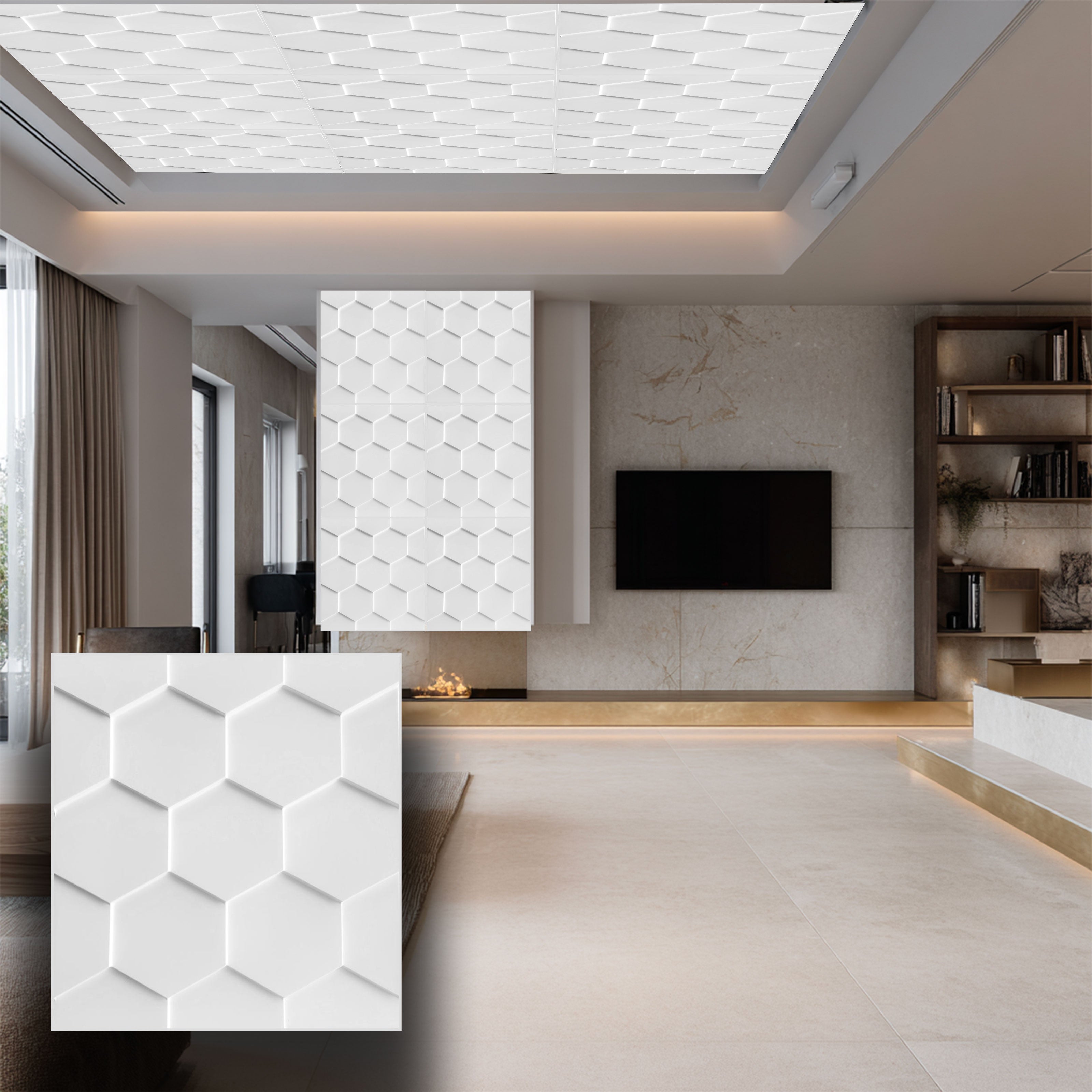 €3,49 pannello per boiserie a parete, rivestimento cassonato a soffitto e porte in PVC 3D 50X50cm mod. EXAGON - Eternal Parquet