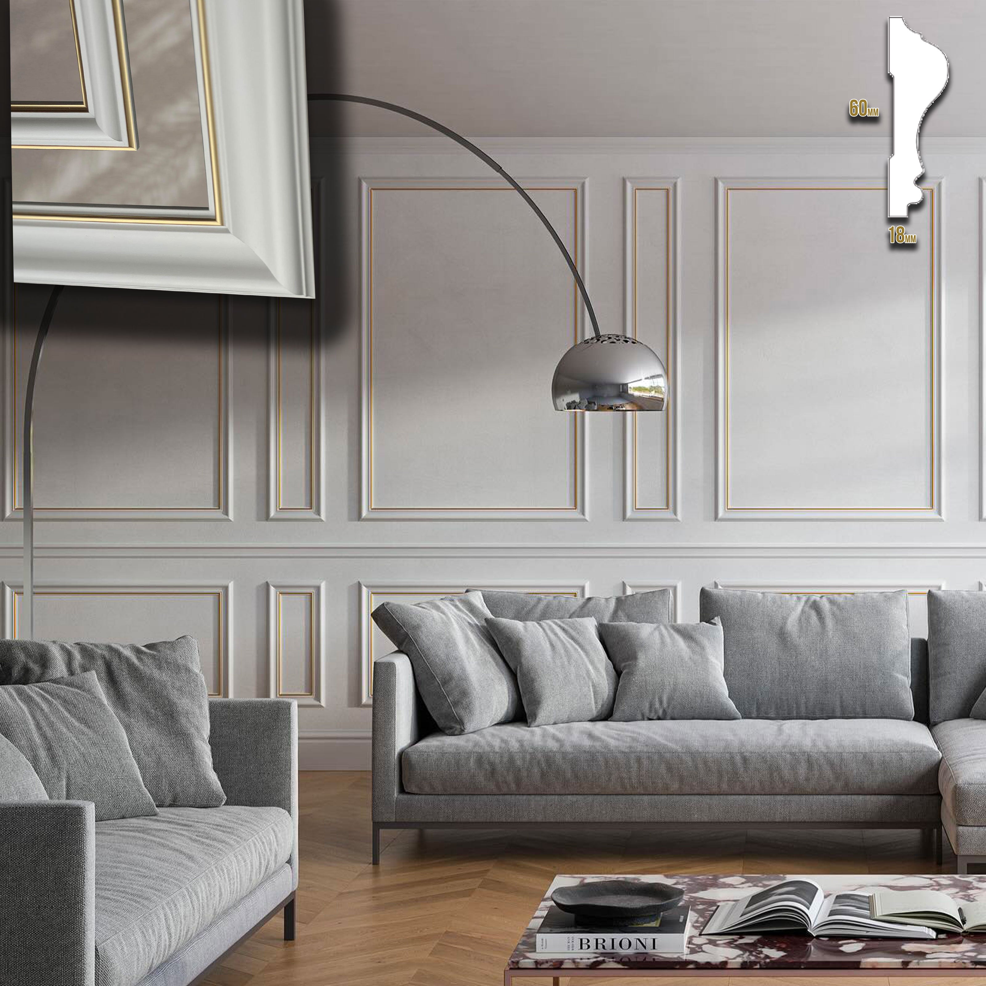 Cornice Bugna Preassemblata per Boiserie in polimeri linea GOLD (filo oro) bianco Avorio 9010 varie dimensioni - Eternal Parquet