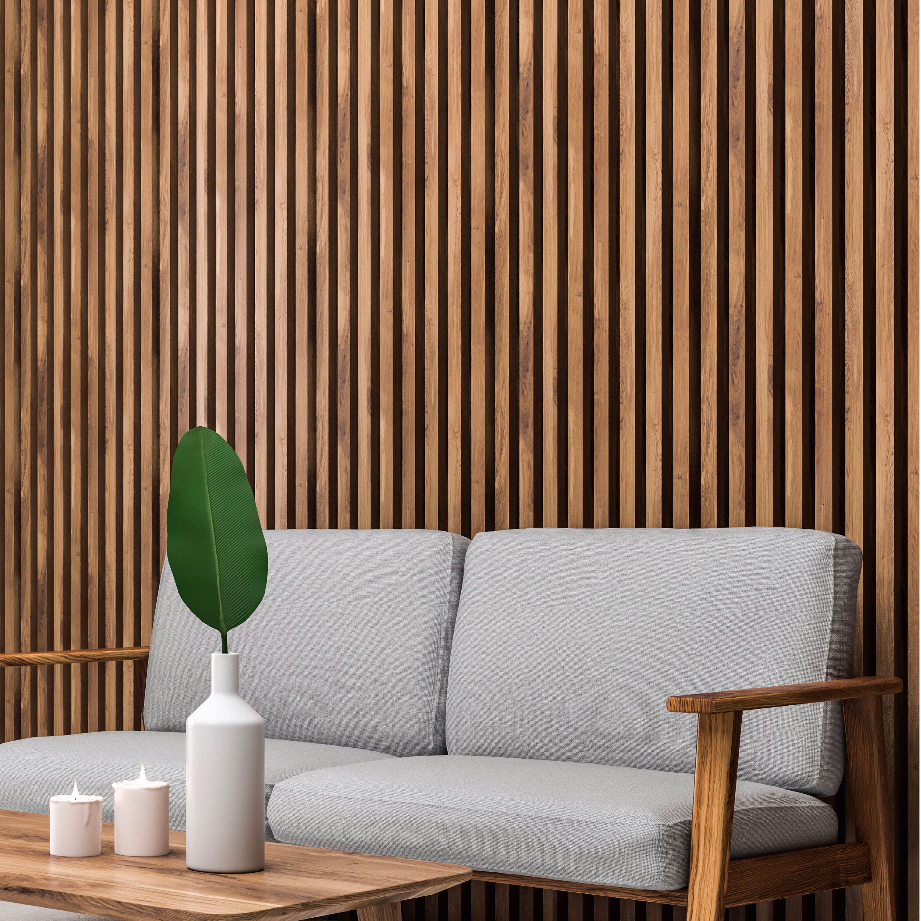 €49,90al mq - pacco da 3,6mq (due aste) 22x600x3000mm di Rivestimento ACUSTICO Pet e polimeri LAMELLI vari decori - Eternal Parquet