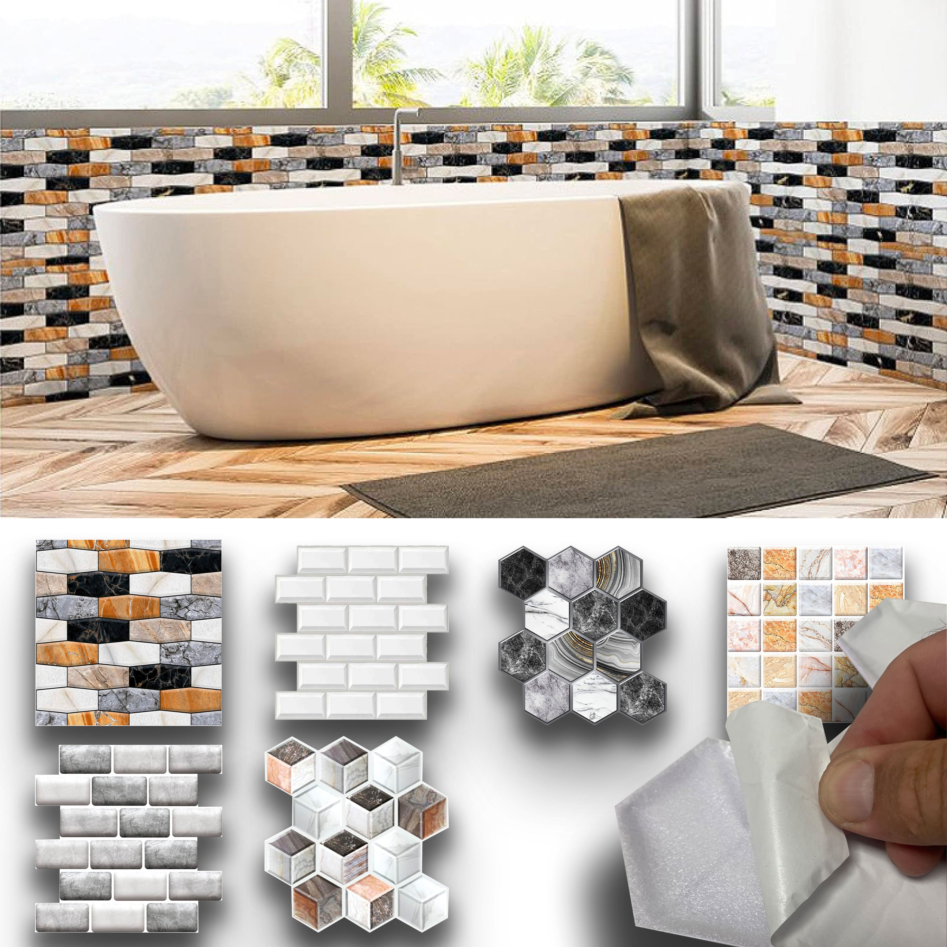 pacco da 4 Pannelli 3D Autoadesivi in PVC 30X30cm vari decori ultrarealistici ideali per bagni e cucine - Eternal Parquet