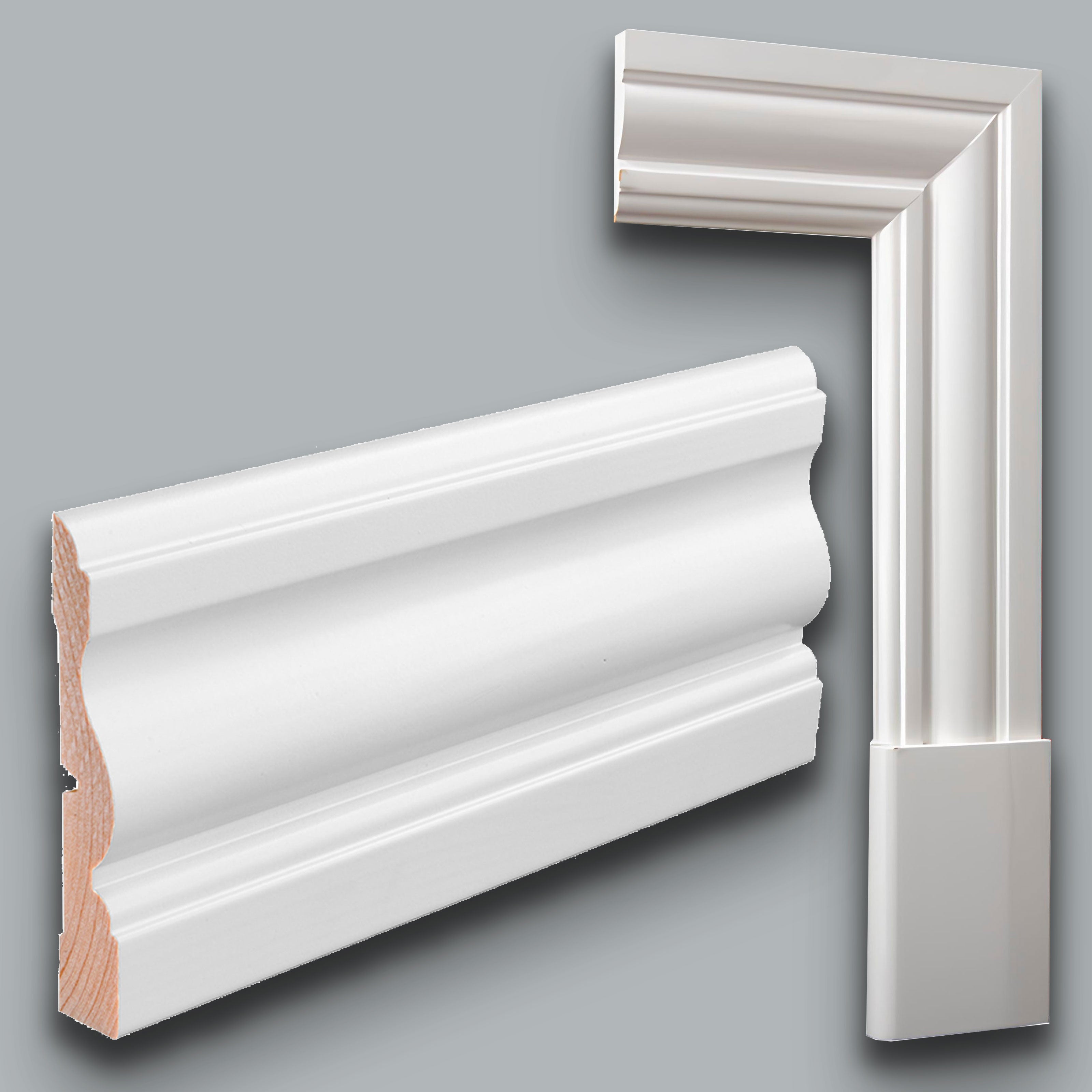 100ml di Mostrine e Battiscopa PREMIUM in legno MASSELLO mod. VITTORIANO 91x15 laccato bianco liscio - Eternal Parquet