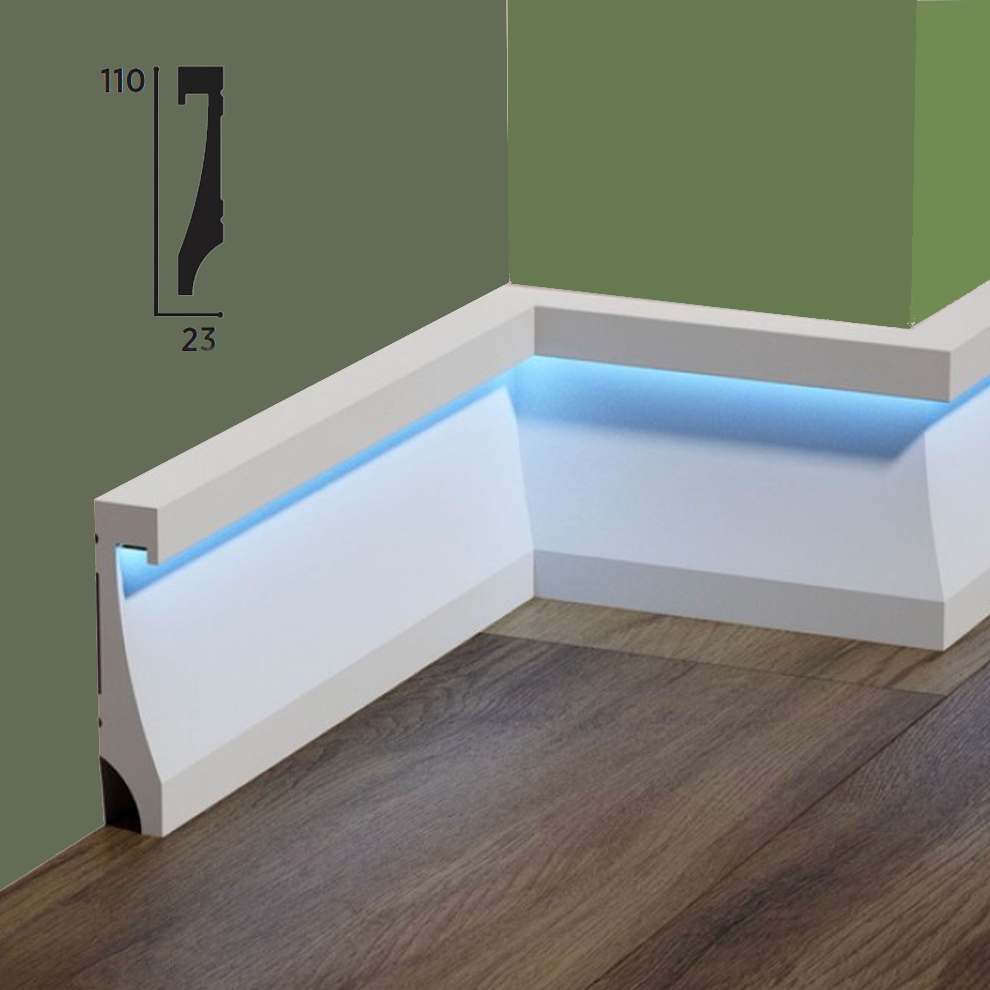 Battiscopa QUADRO incasso LED in POLIMERI FeelingWood-HD 110x23mm - BIANCO (prezzo al metro) - Eternal Parquet