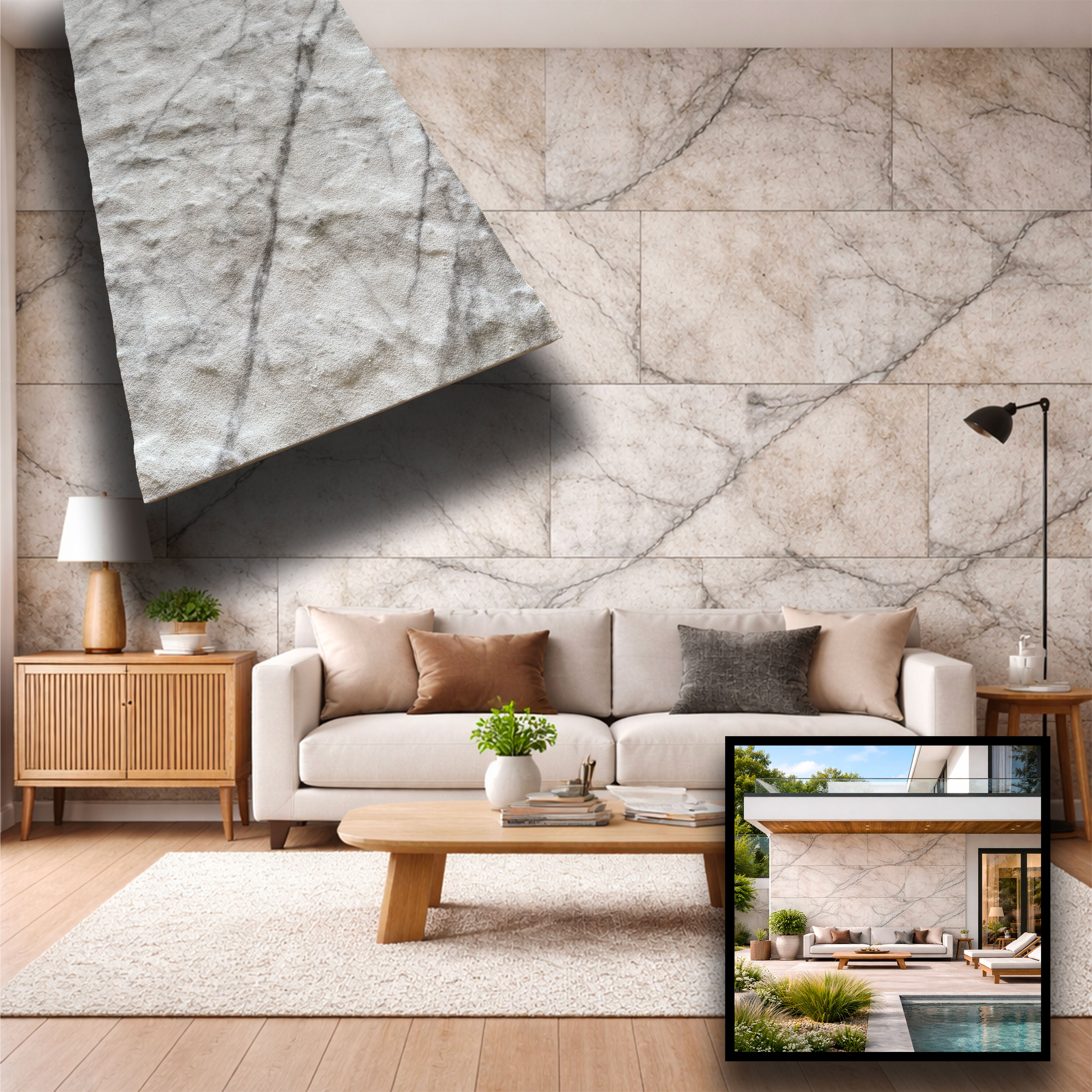 CAPPOTTO esterno - interno isolante in STYROFOAM 3D spess. 2,5cm (120x50cm) con resine e malta Carrara grezzo - Eternal Parquet