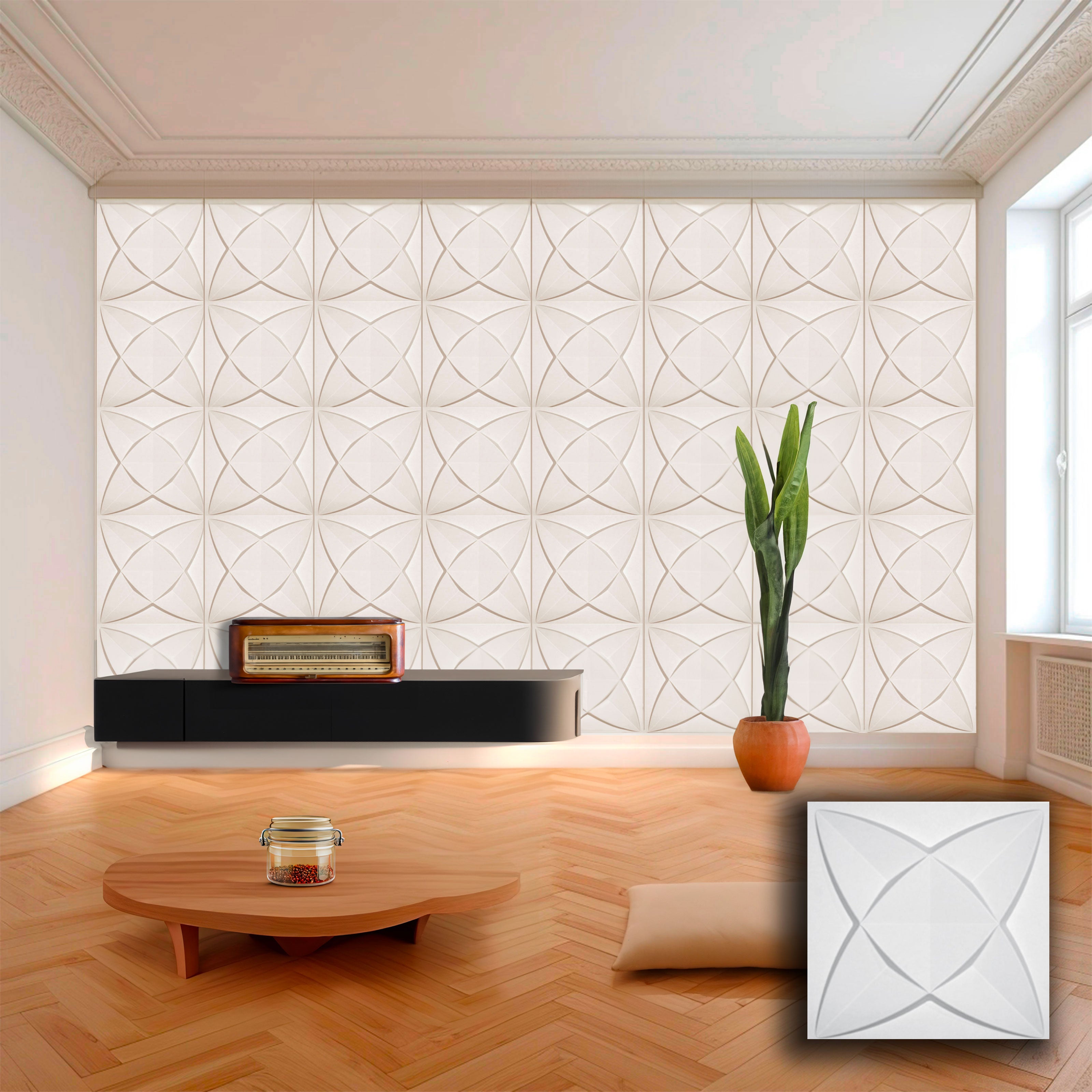 €1,99 Pannello in fibra naturale a parete 3D, rivestimento di lusso 3D 50X50cm BIANCO verniciabile PETALI Eternal Parquet