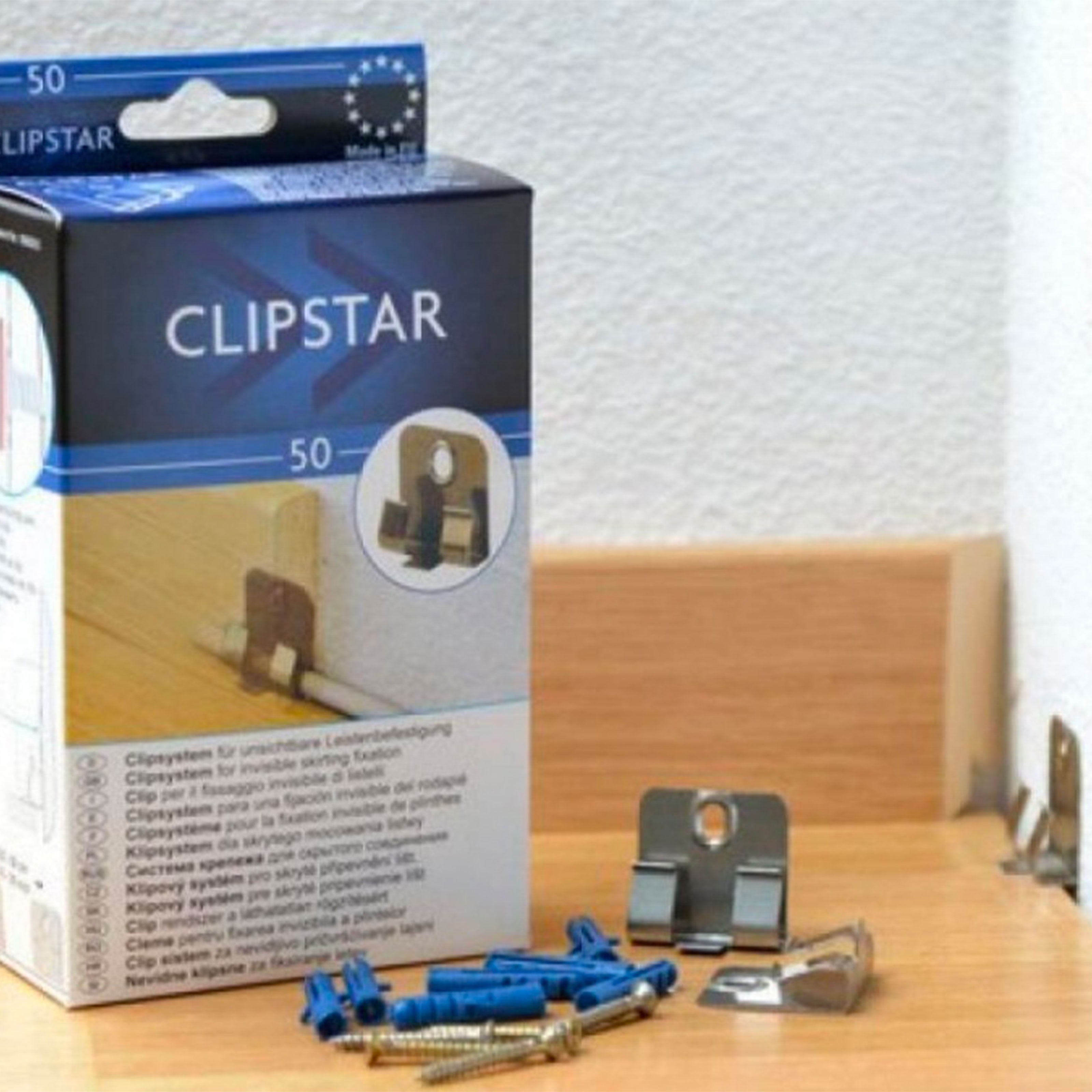 CLIPSTAR - 50 clip in metallo inclusi tasselli e viti per il fissaggio di battiscopa ispezionabile e senza colla Eternal Parquet