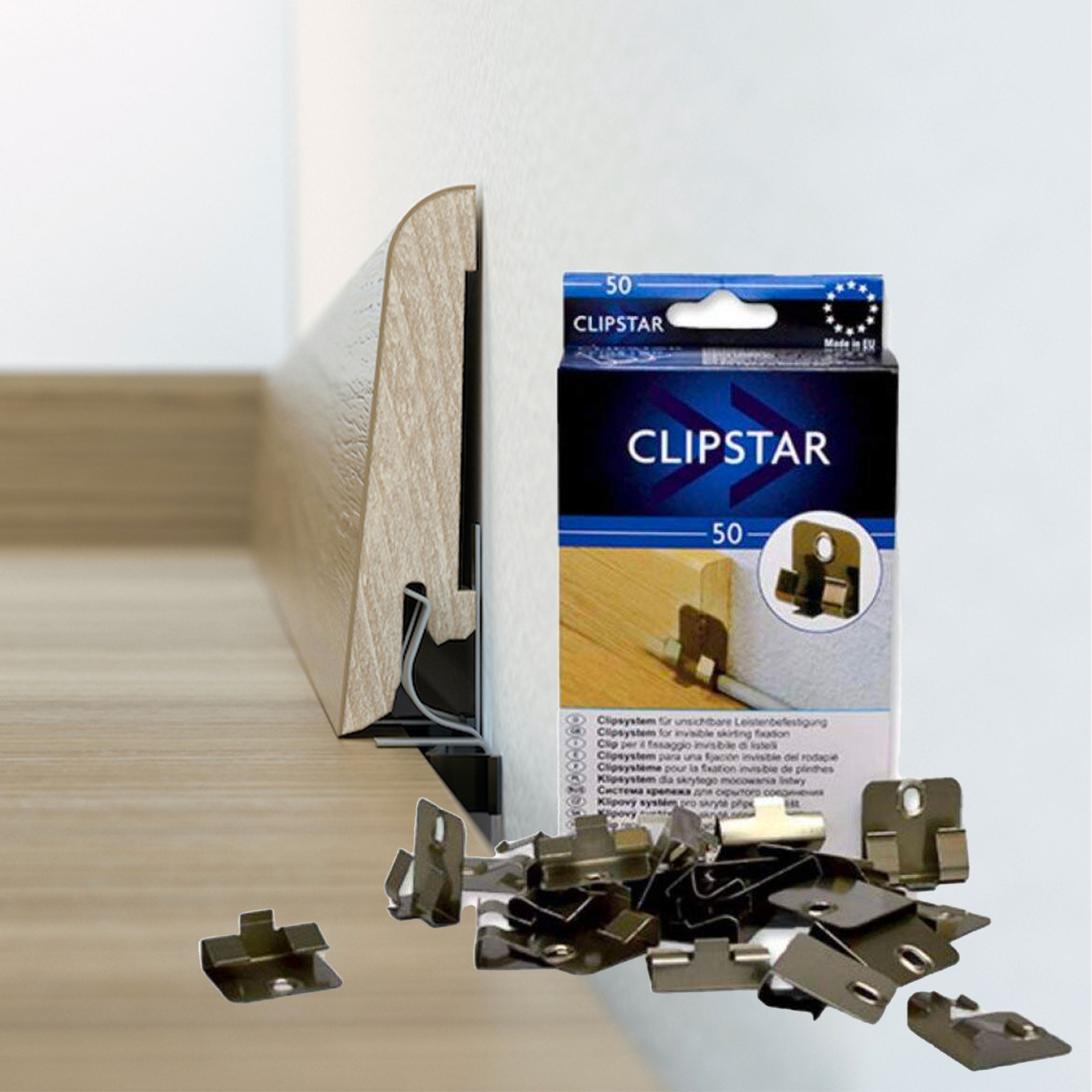 CLIPSTAR - 50 clip in metallo inclusi tasselli e viti per il fissaggio di battiscopa ispezionabile e senza colla Eternal Parquet