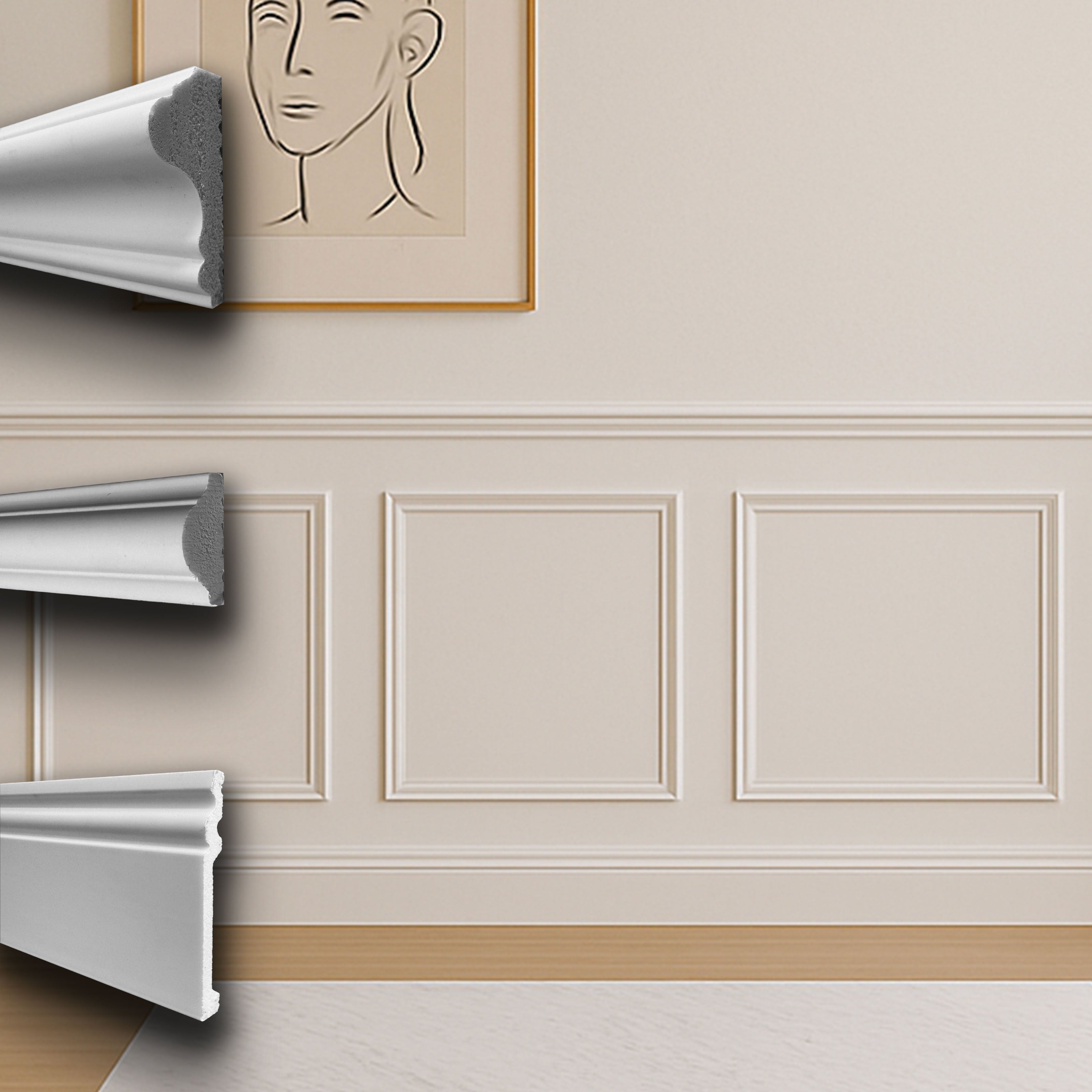 Kit 2 metri di parete Boiserie "Decorativa" (senza pannelli, solo estetica) in polimeri bianca (L200xH120) verniciabile - Eternal Parquet