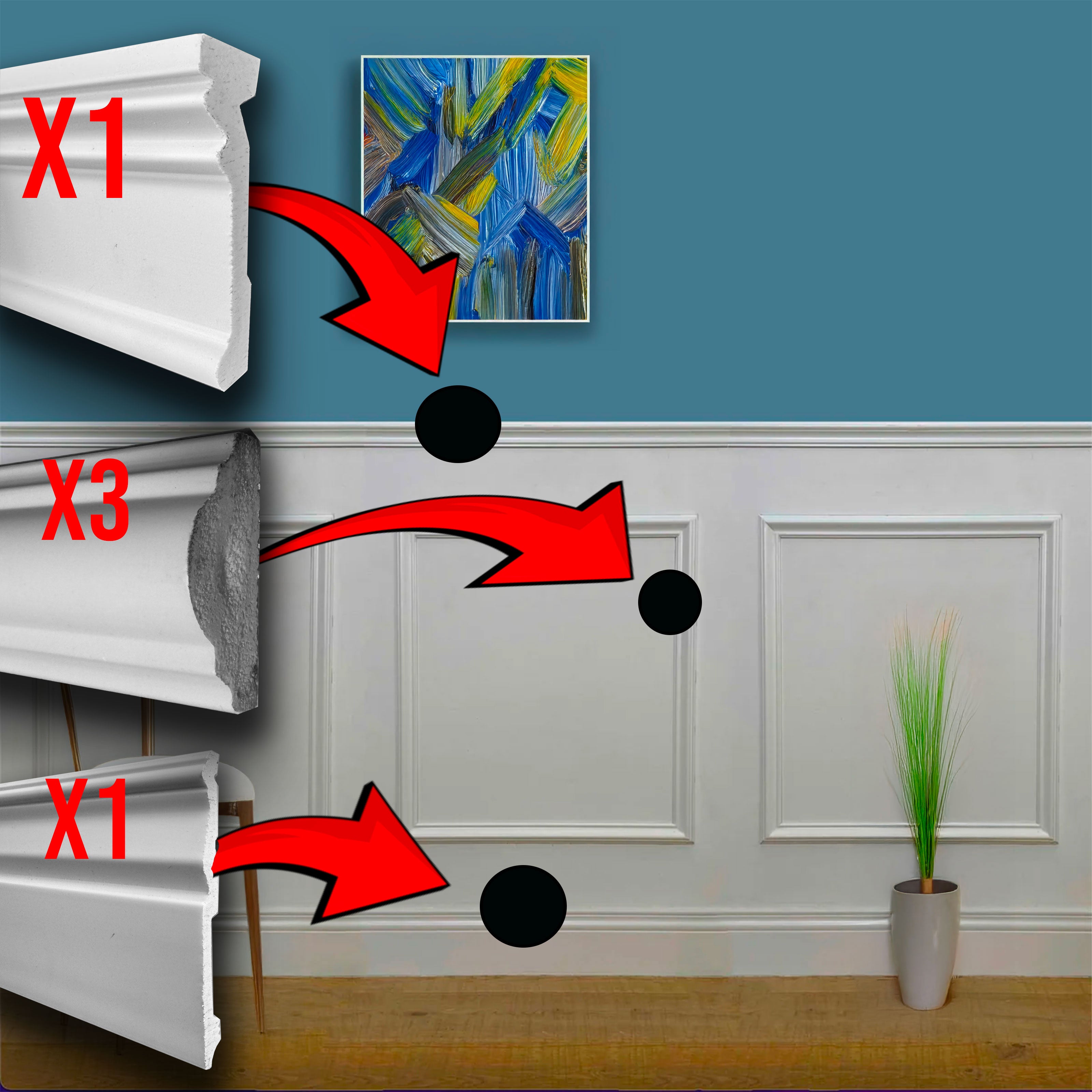 Kit 2 metri di parete Boiserie PREMIUM "Decorativa" (senza pannelli, solo estetica) in polimeri bianca (L200xH120) verniciabile - Eternal Parquet