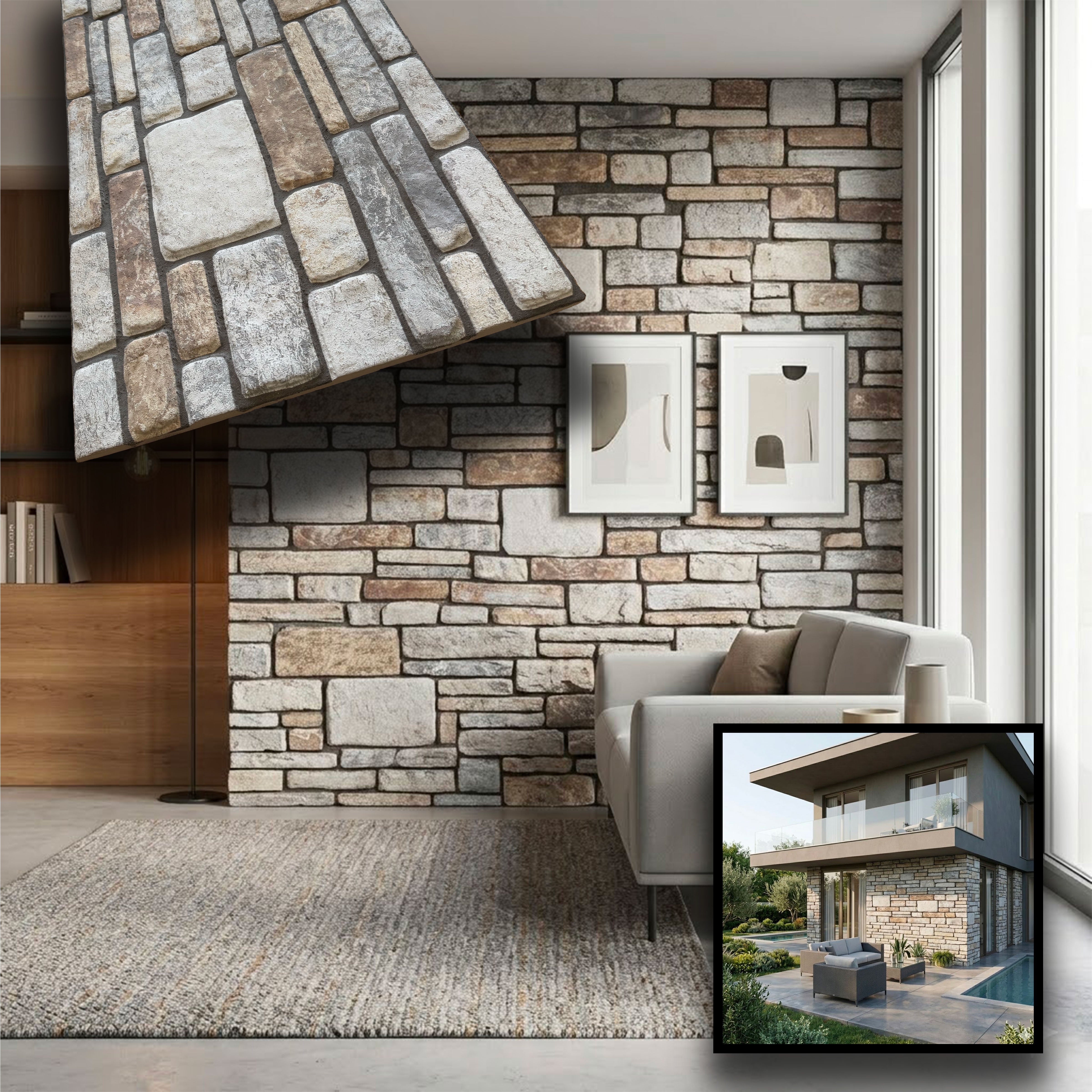 CAPPOTTO esterno - interno isolante in STYROFOAM 3D spess.2cm (100x50cm) con resine e malta Pietre levigate - Eternal Parquet