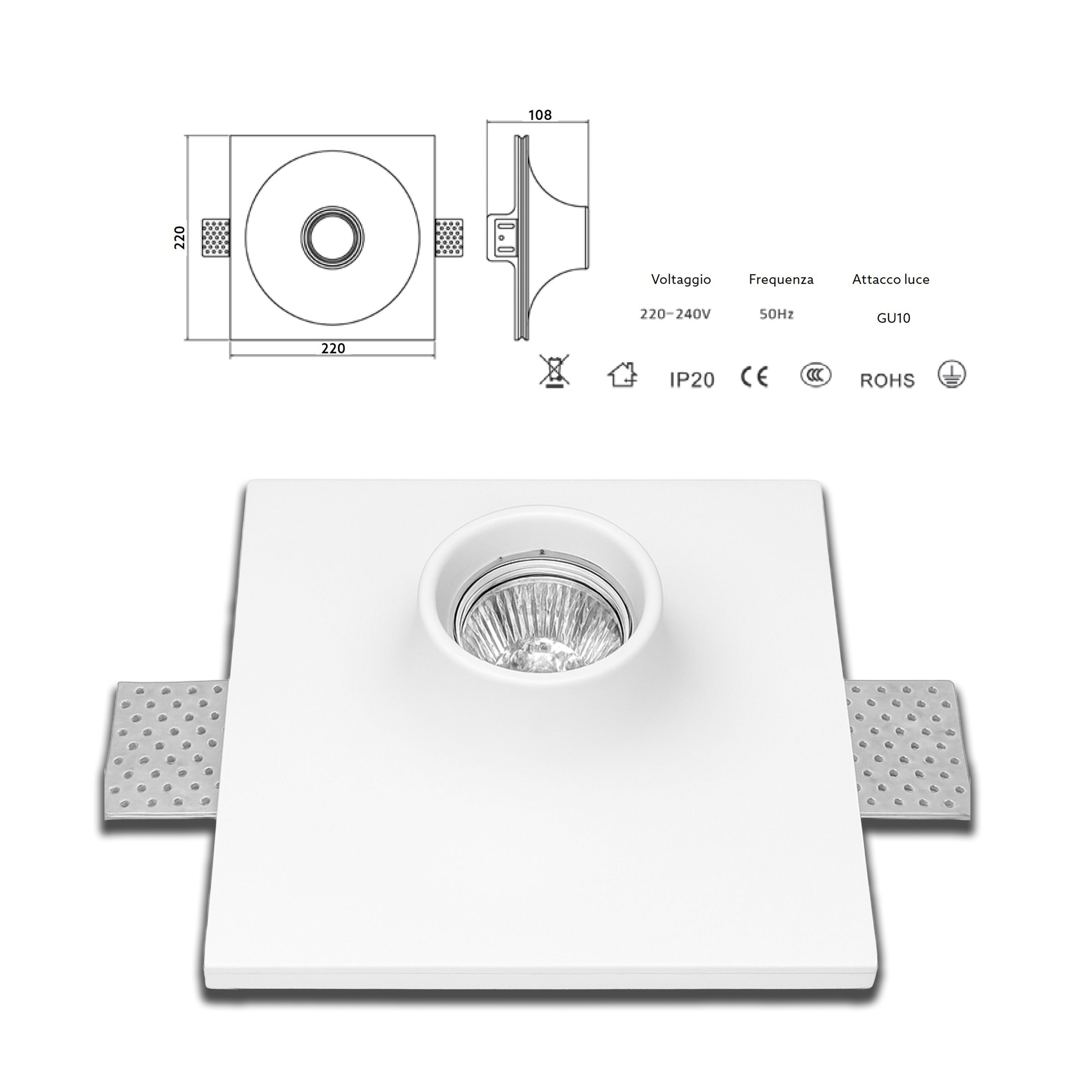 *STOCK* Portafaretto In Gesso Ceramico ad incasso CONO 220x220mm 40W GU10 IP20 - Eternal Parquet