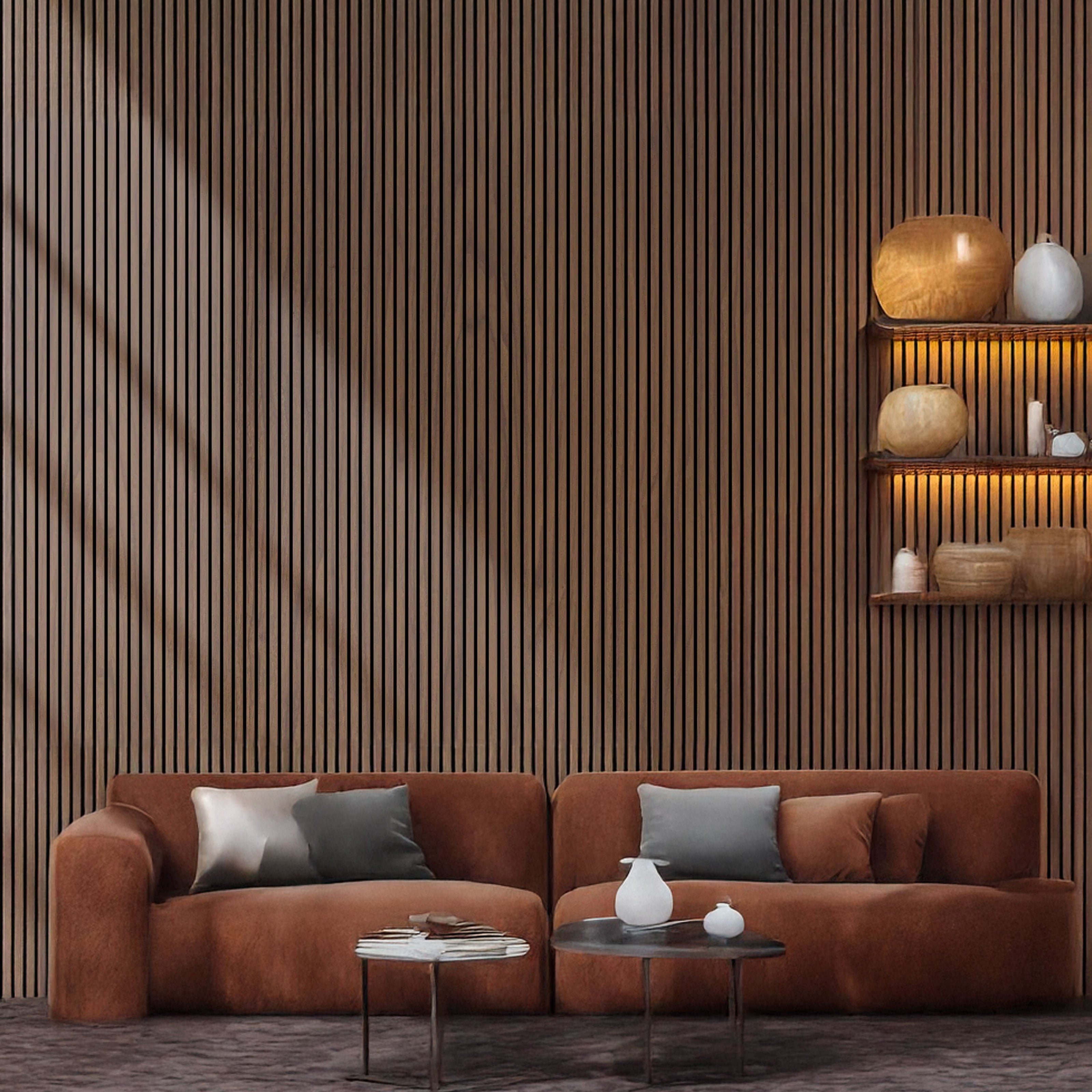 Pannello ACUSTICO (1,74mq) a Lamelli AUTOADESIVO rivestito in VERO LEGNO + feltro + fibra di legno - mis. 12x600x2900mm NOCE - Eternal Parquet