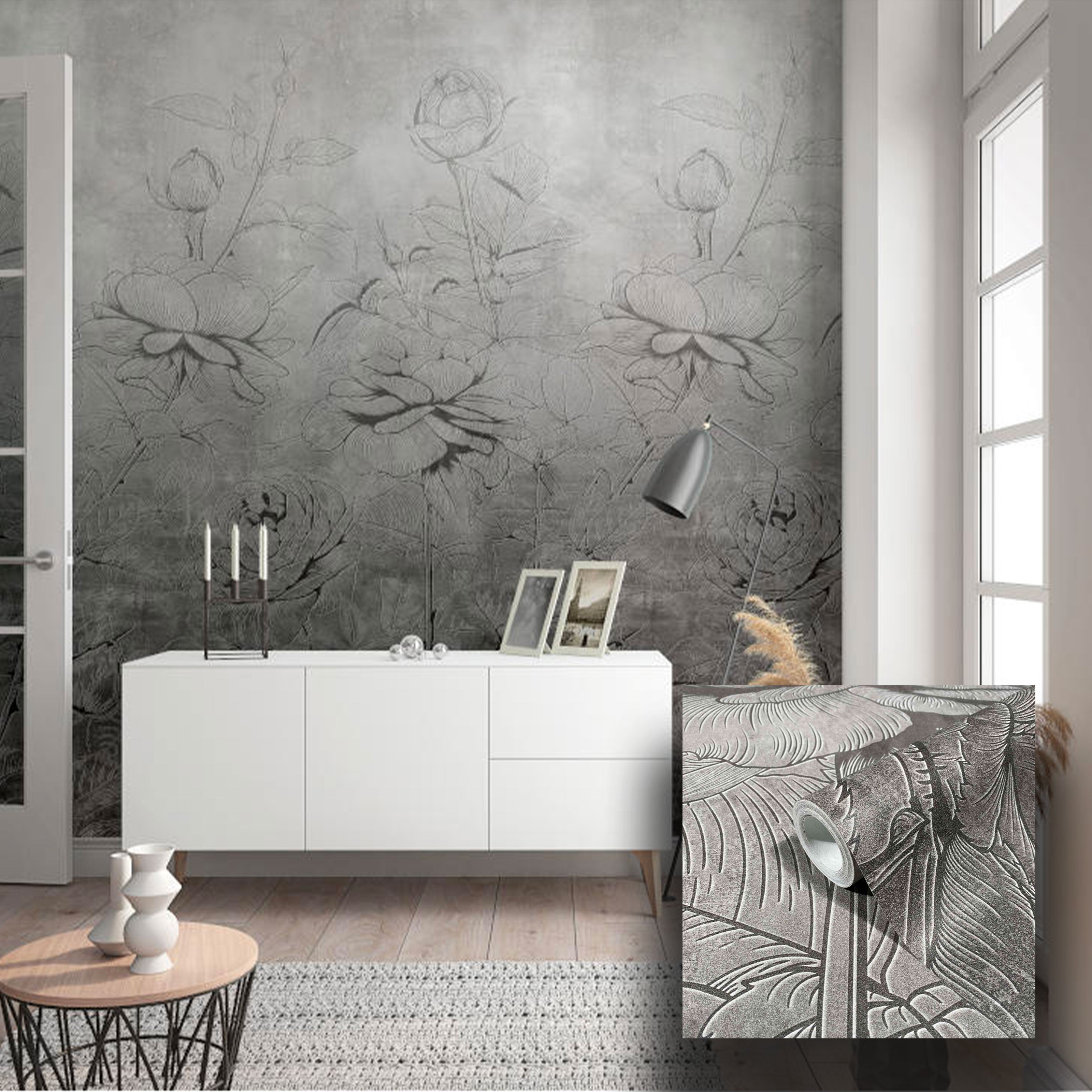 Pannello 159x270cm di Carta da Parati TNT a modulo raccordabile continuativo Voyager FLOWERBW - Eternal Parquet