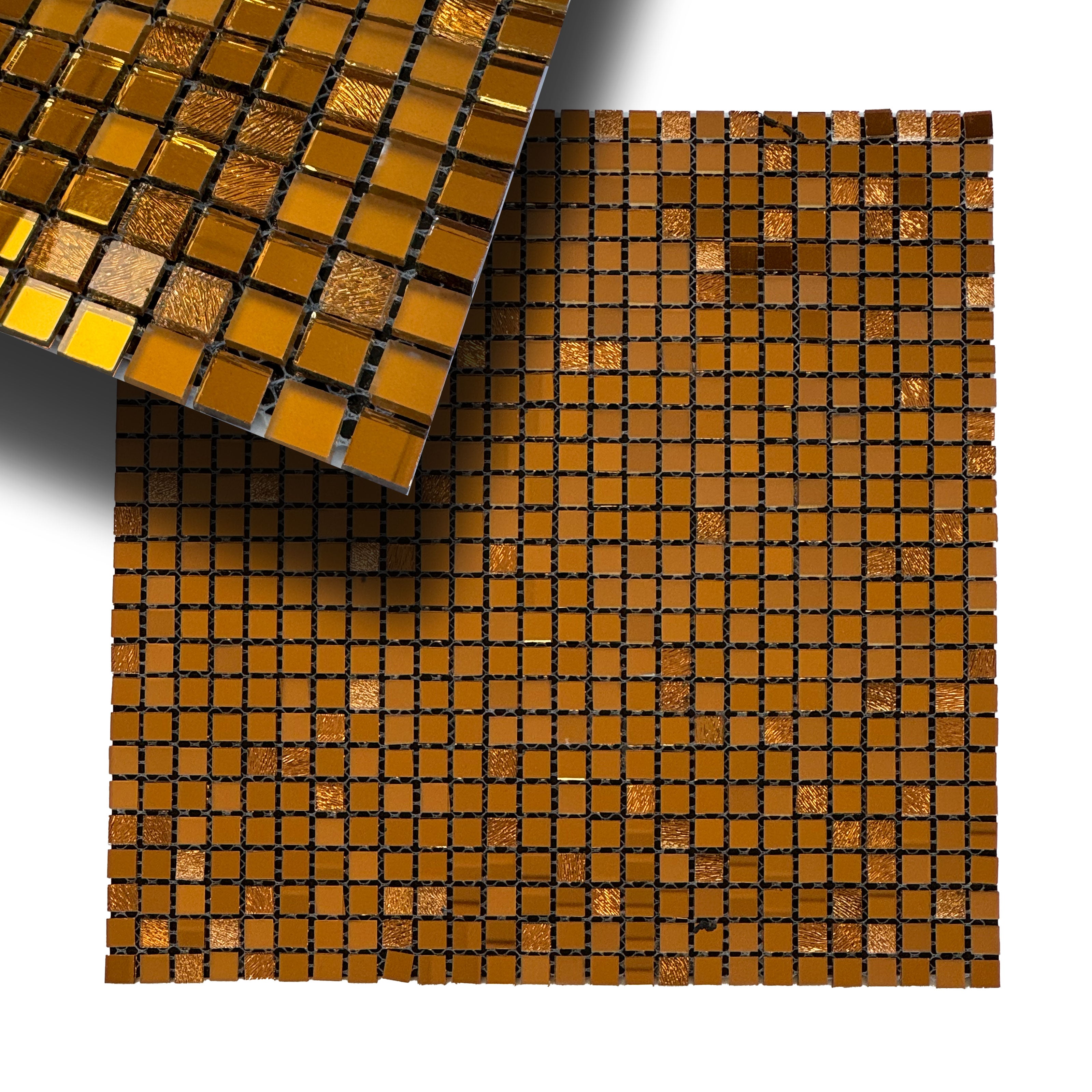 TOP di GAMMA! Piastrella autoadesiva in VETRO lucido mosaico 30x30cm (sp. 3mm) color ORO, idrofobo. - Eternal Parquet