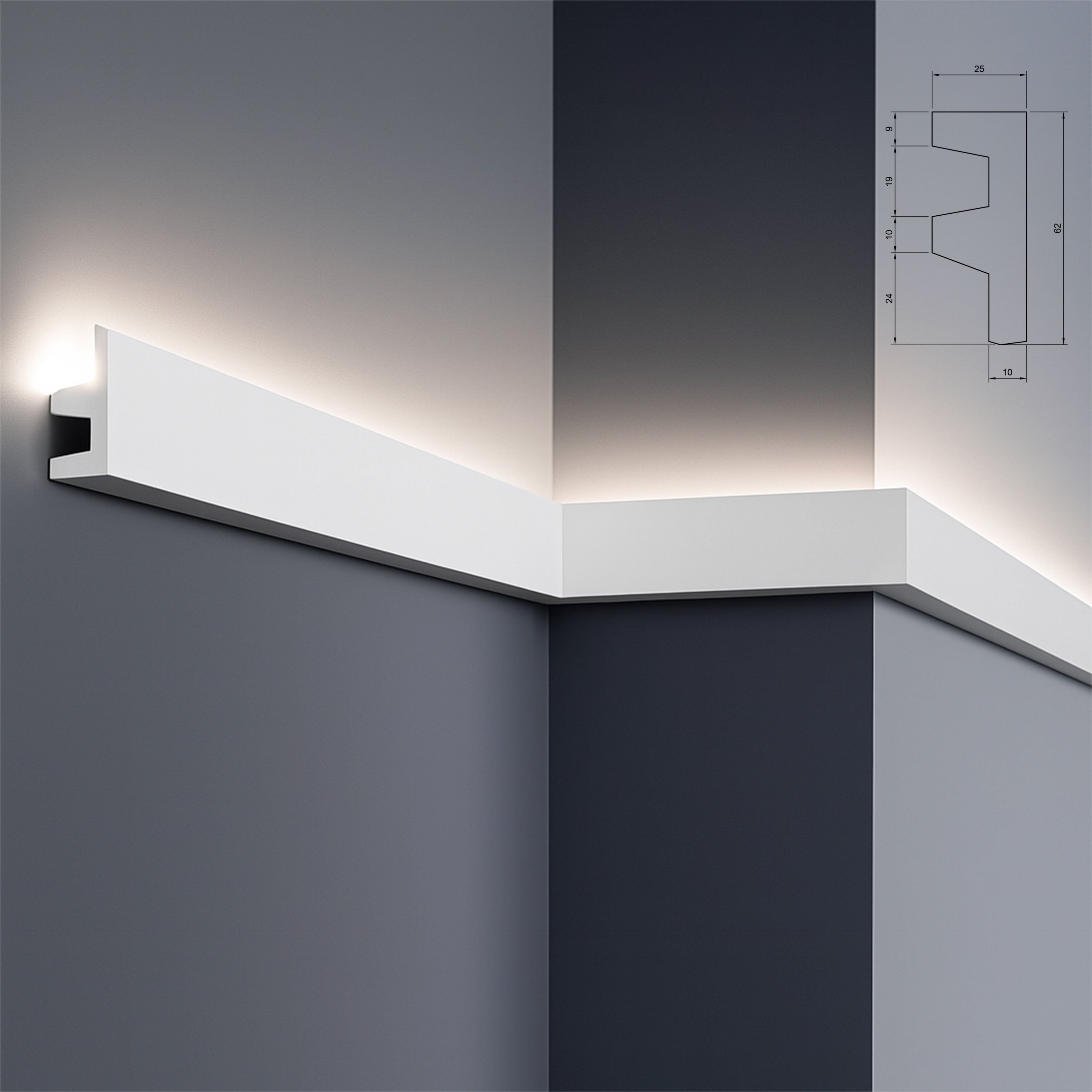 *STOCK FOLLI* Profilo Cornice per LED in Polimeri Bianco RAL 9016 verniciabile 62X25mm (Prezzo al metro) - Eternal Parquet