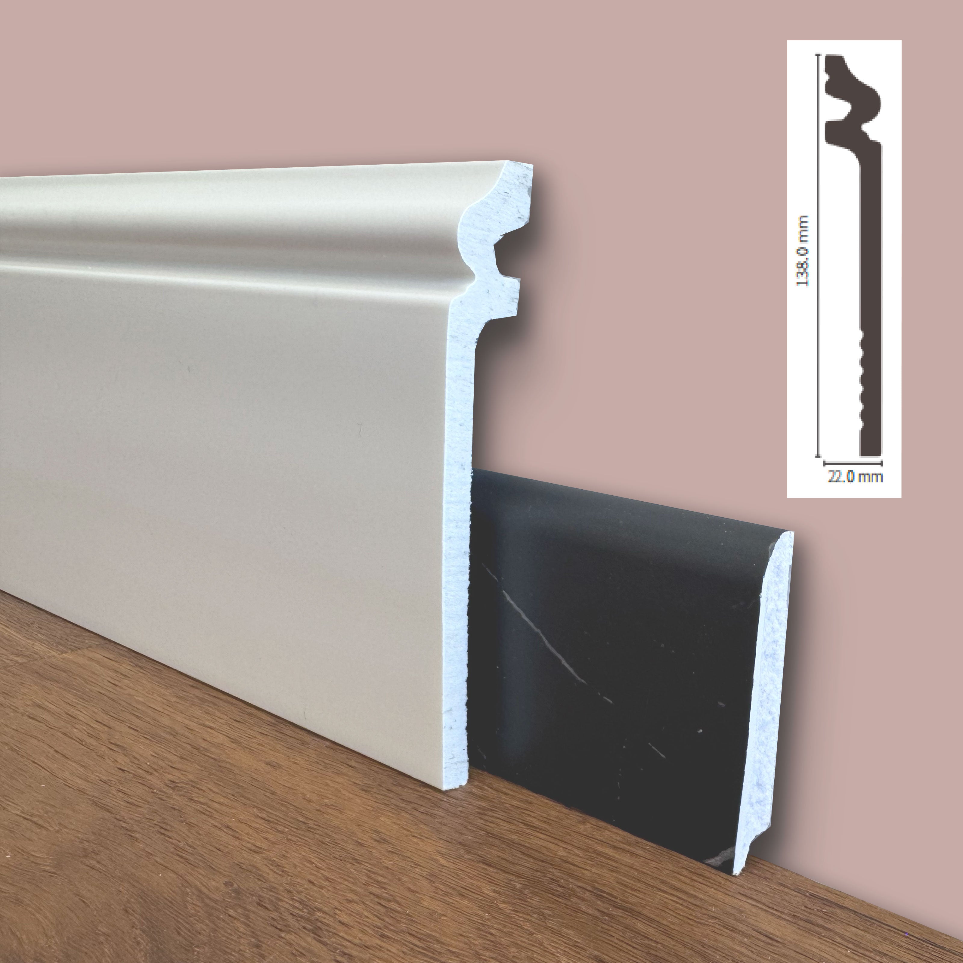 bancale da 100ml di Battiscopa COPRIMARMO DUCALE in POLIMERI linea BASICBOARD 138x22mm - BIANCO - Eternal Parquet