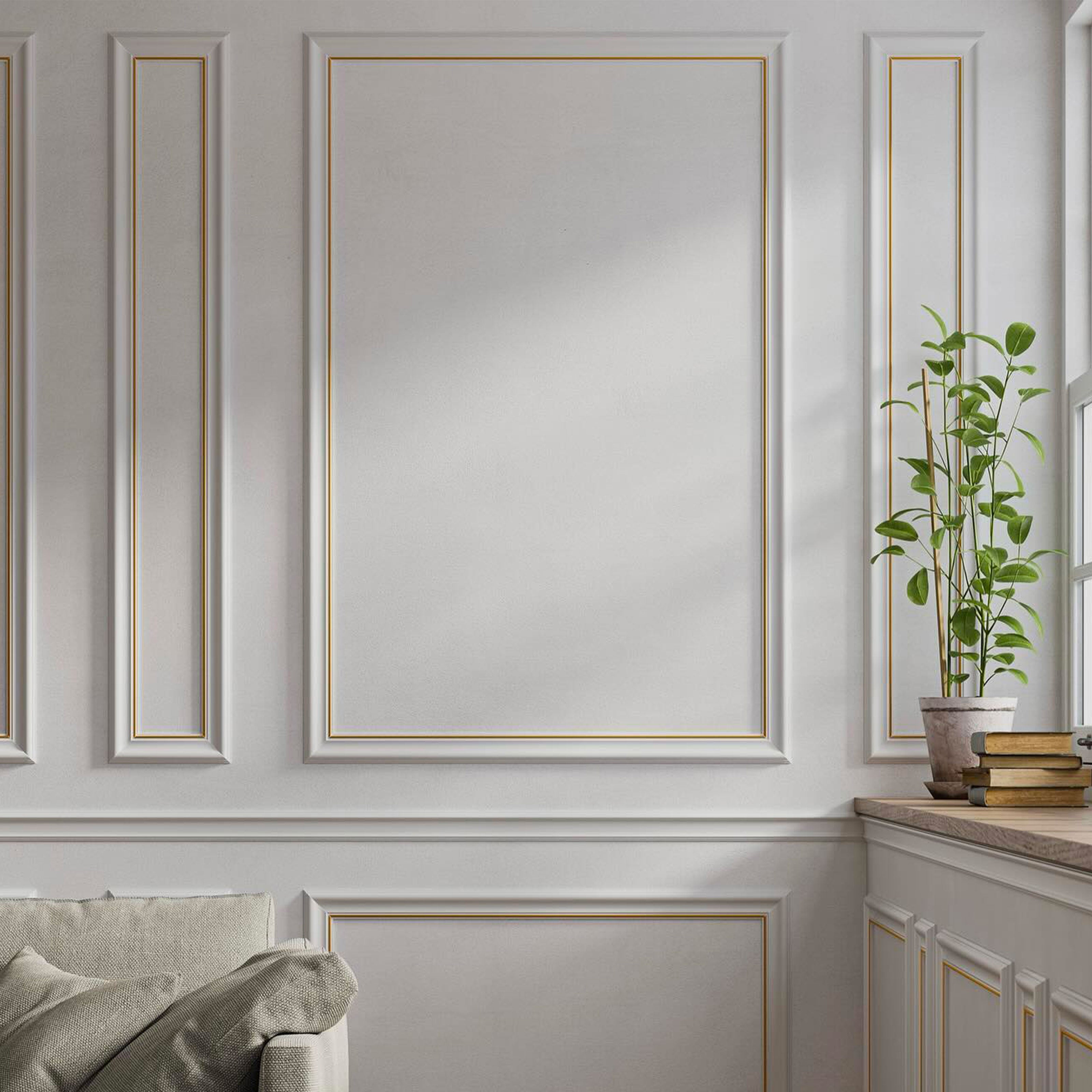 4 barre intere PRETAGLIATE AD ANGOLO per Bugna Boiserie in polimeri linea GOLD (filo oro) bianco Avorio 9010 varie dimensioni - Eternal Parquet