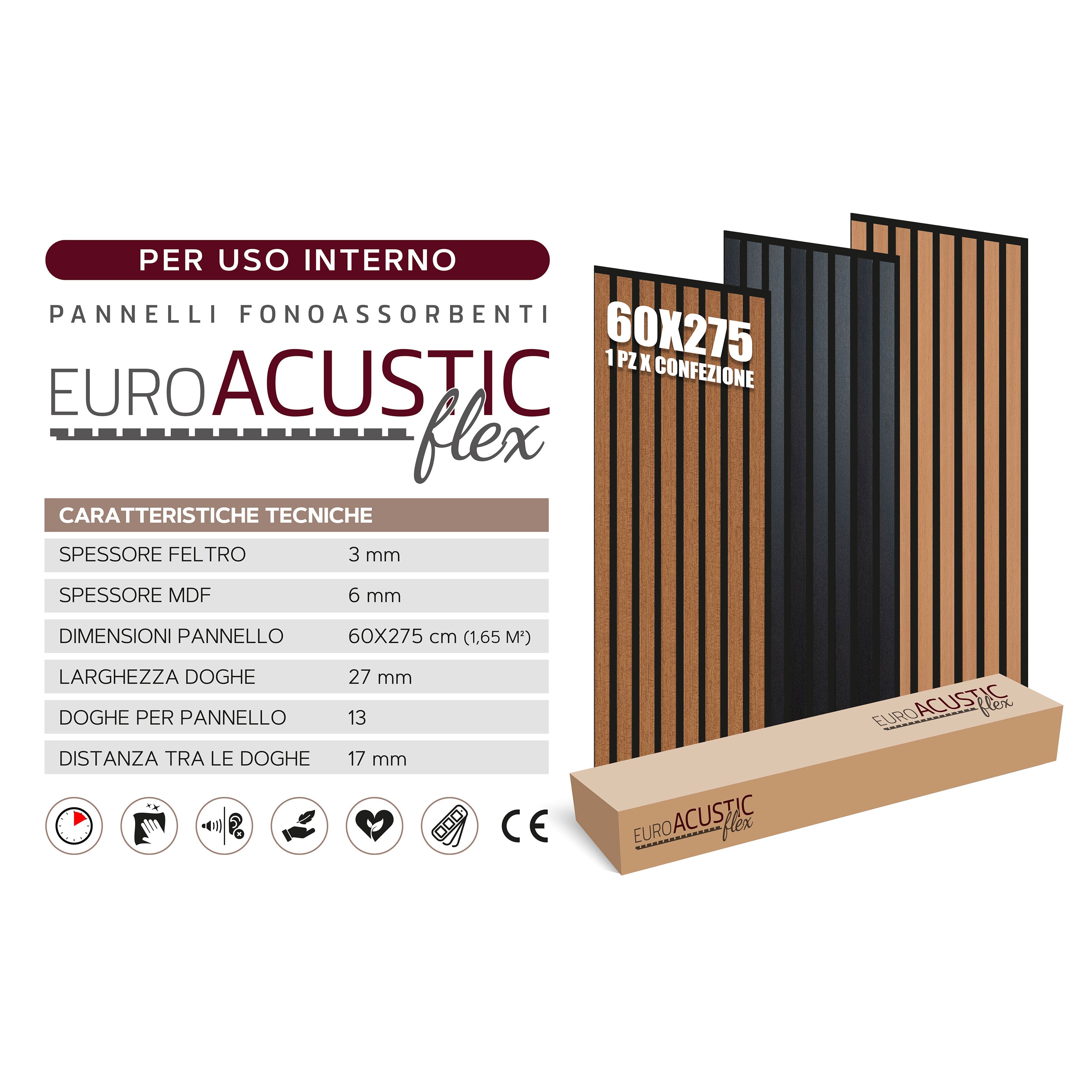 Pannello ACUSTICO Euroacustic Flex (1,65mq) a Lamelli in FIBRA DI LEGNO + feltro mis. 9x600x2750mm varie Texture - Eternal Parquet