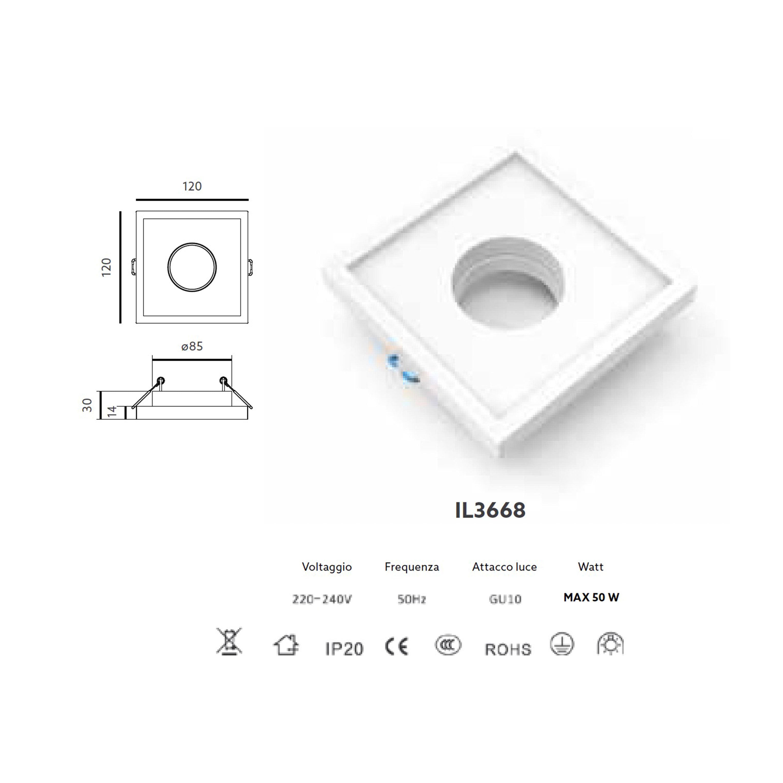 *STOCK* Portafaretto In Gesso Ceramico ad incasso 120x120x45mm foro tondo 40W GU10 IP20 - Eternal Parquet