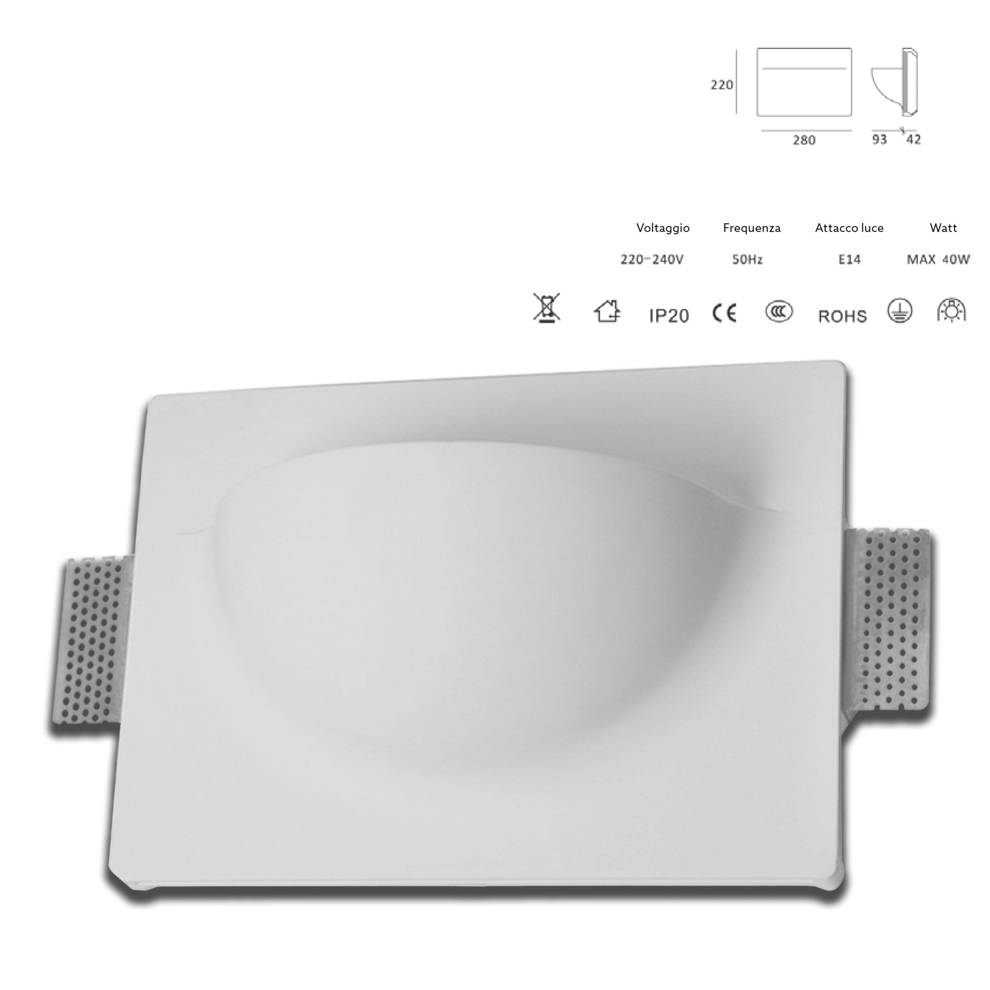 *STOCK* Portafaretto In Gesso Ceramico ad incasso TASCA 280x220mm 40W E14 IP20 - Eternal Parquet