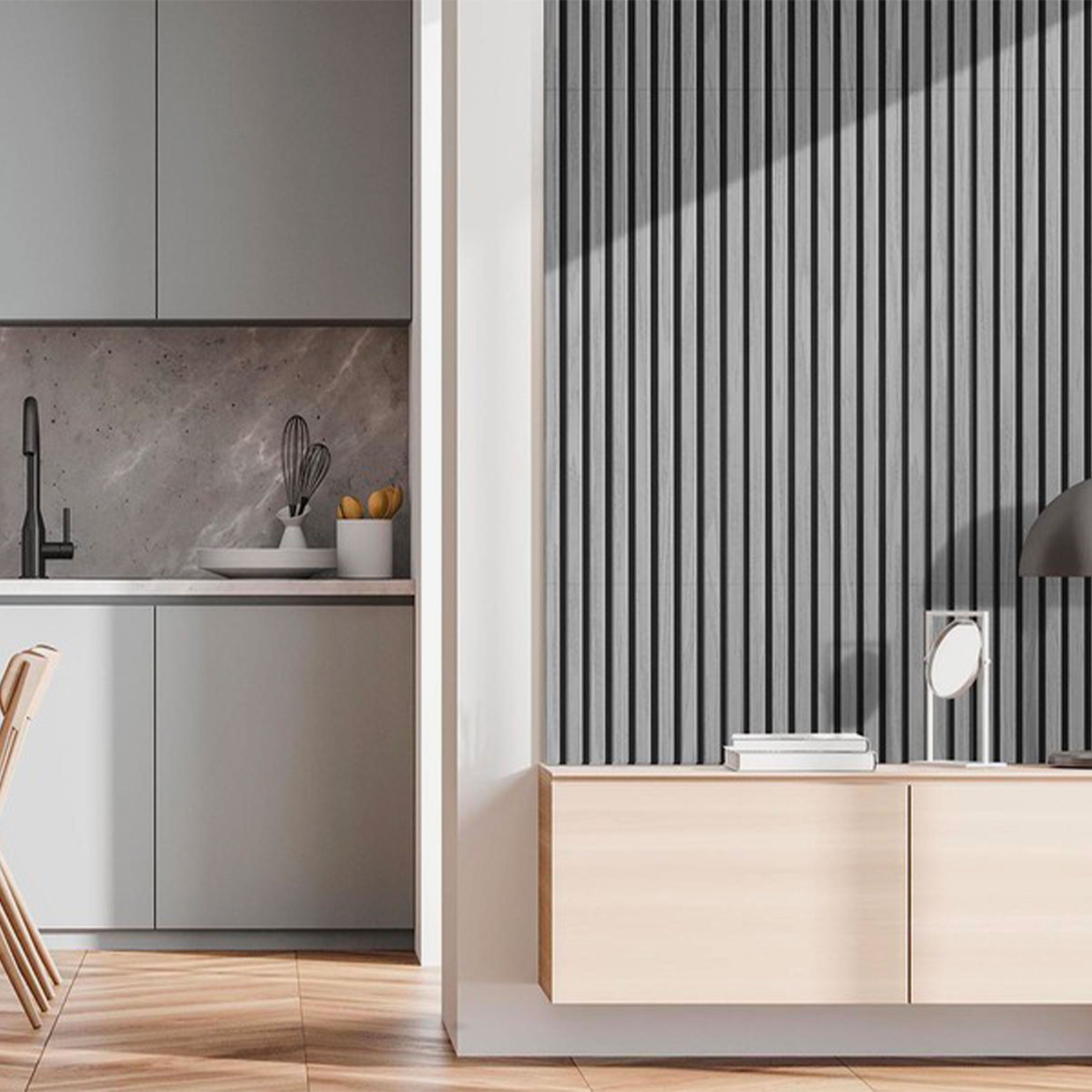 Pannello Acustico Feltro e fibra di legno Lamelli millerighe ROVERE GRIGIO 120x34x1,5 - Eternal Parquet