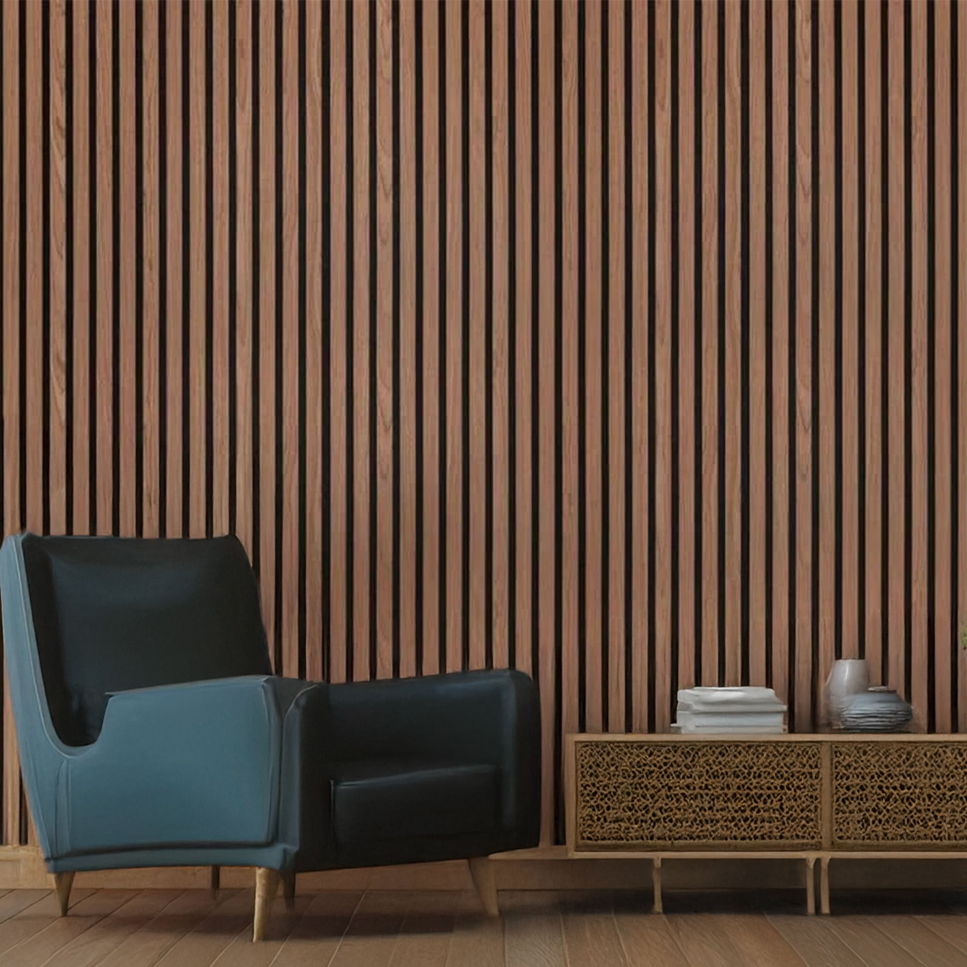 Pannello ACUSTICO (1,74mq) a Lamelli AUTOADESIVO rivestito in VERO LEGNO + feltro + fibra di legno - mis. 12x600x2900mm NOCE - Eternal Parquet