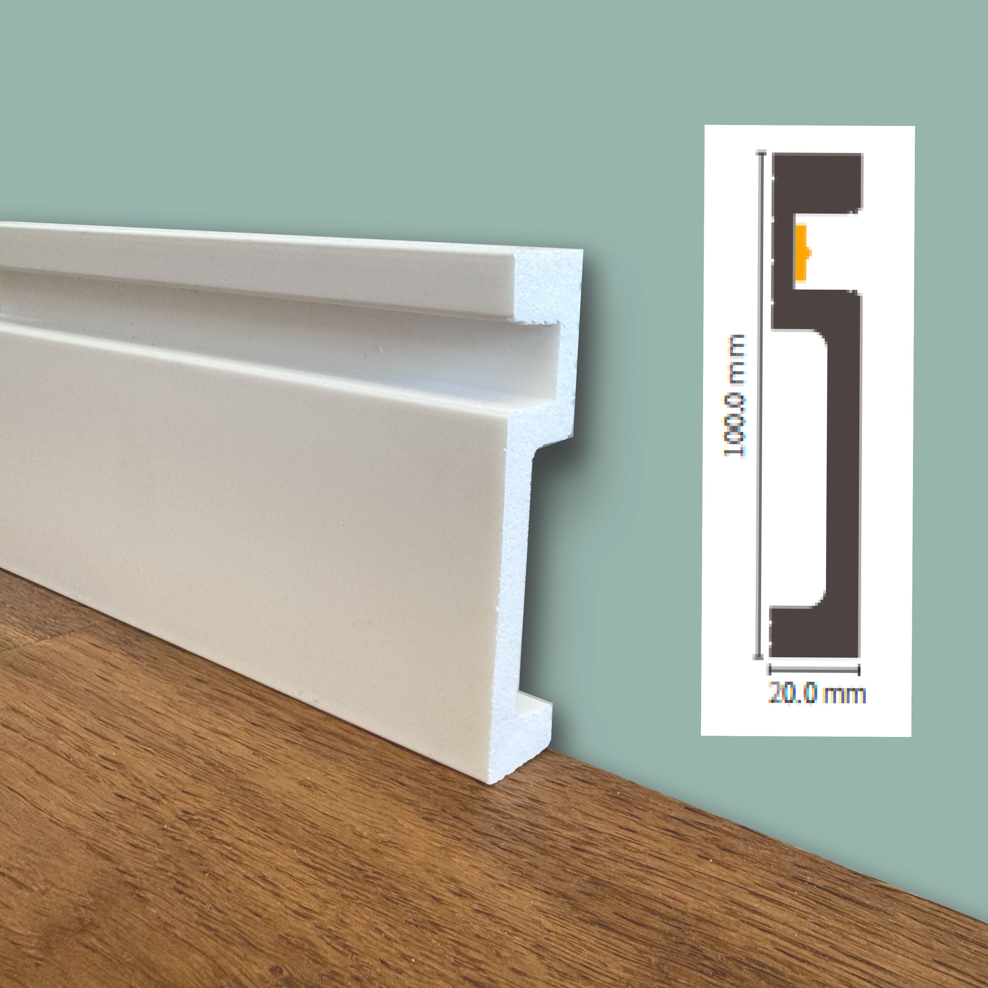 100ml di Battiscopa Quadro predisposizione LED in POLIMERI linea BASICBOARD 100x20mm - BIANCO pitturabile - Eternal Parquet