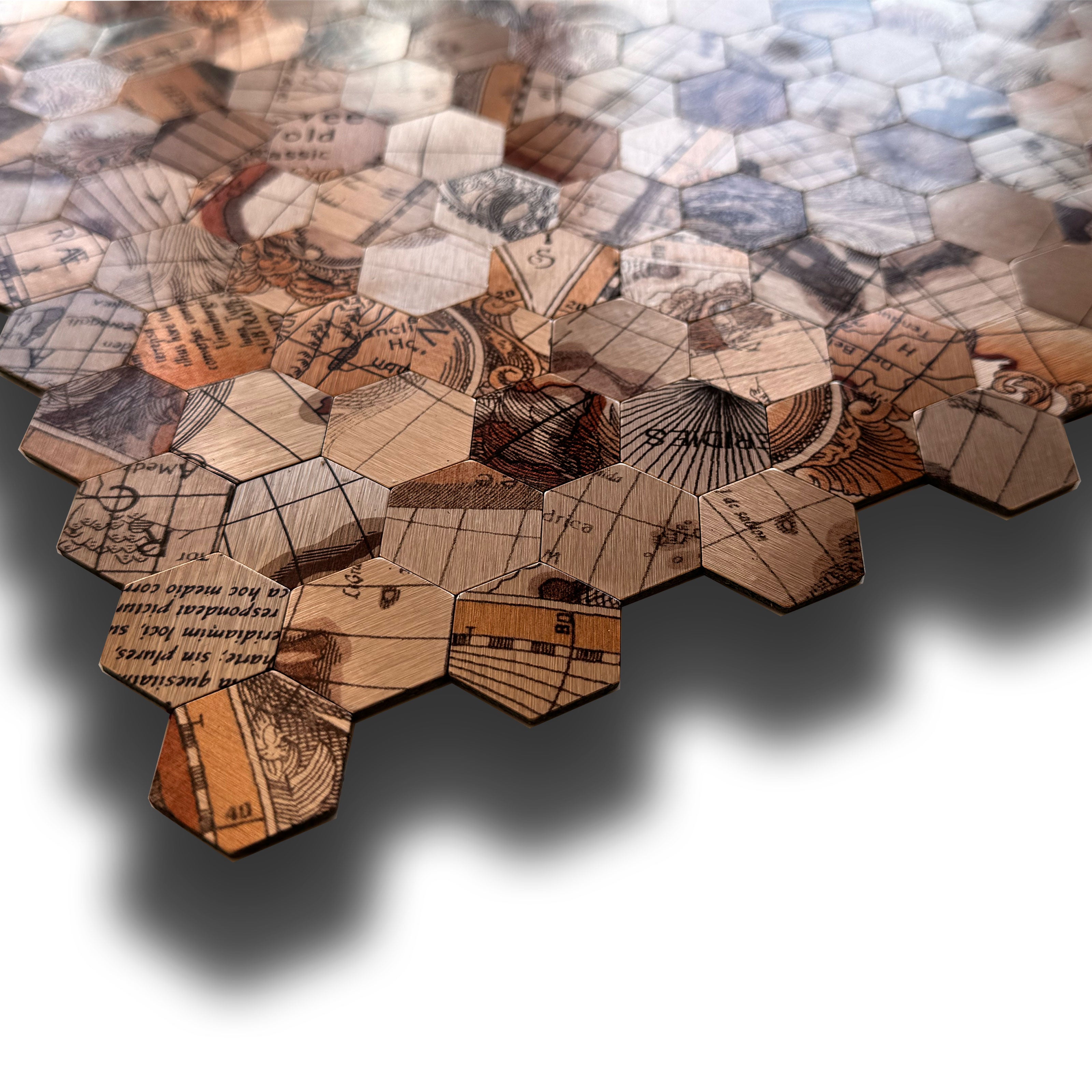 TOP! Piastrella autoadesiva in vero alluminio serigrafato esagoni OLD MAP 30x30cm (sp. 3mm) color RAME - Eternal Parquet