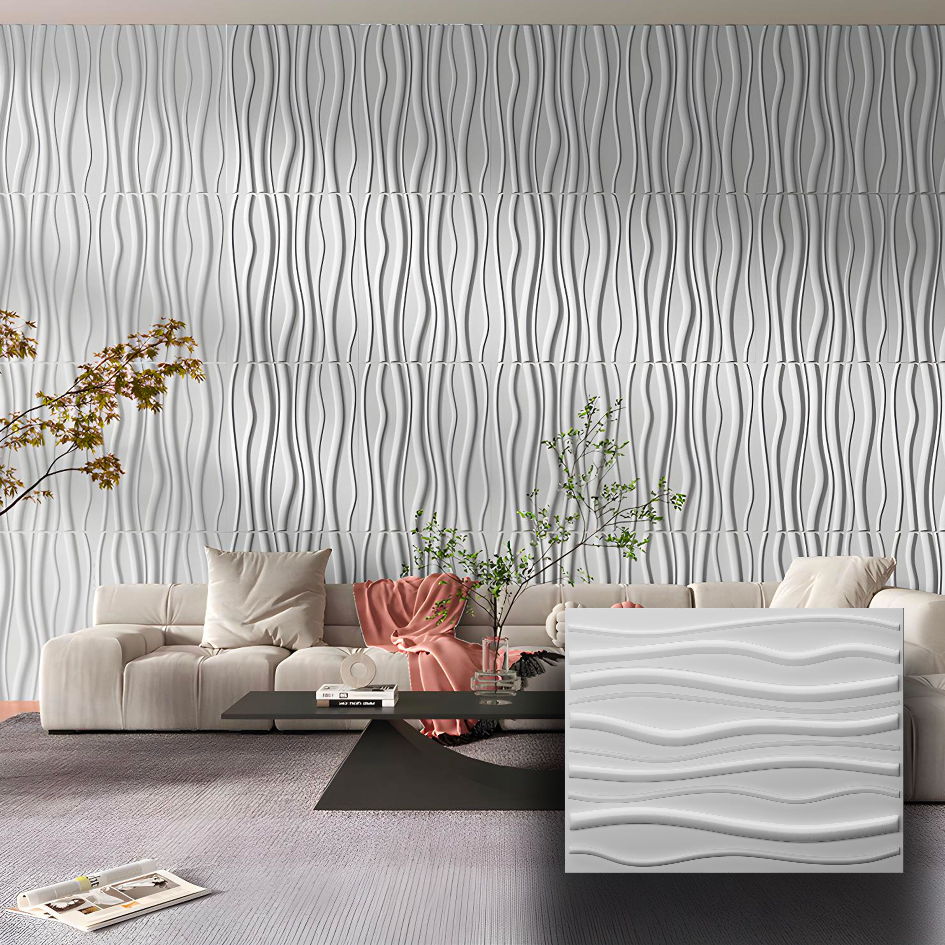 €3,99 Pannello in fibra naturale a parete 3D, rivestimento di lusso 3D 80X62,5cm BIANCO verniciabile MAREE - Eternal Parquet