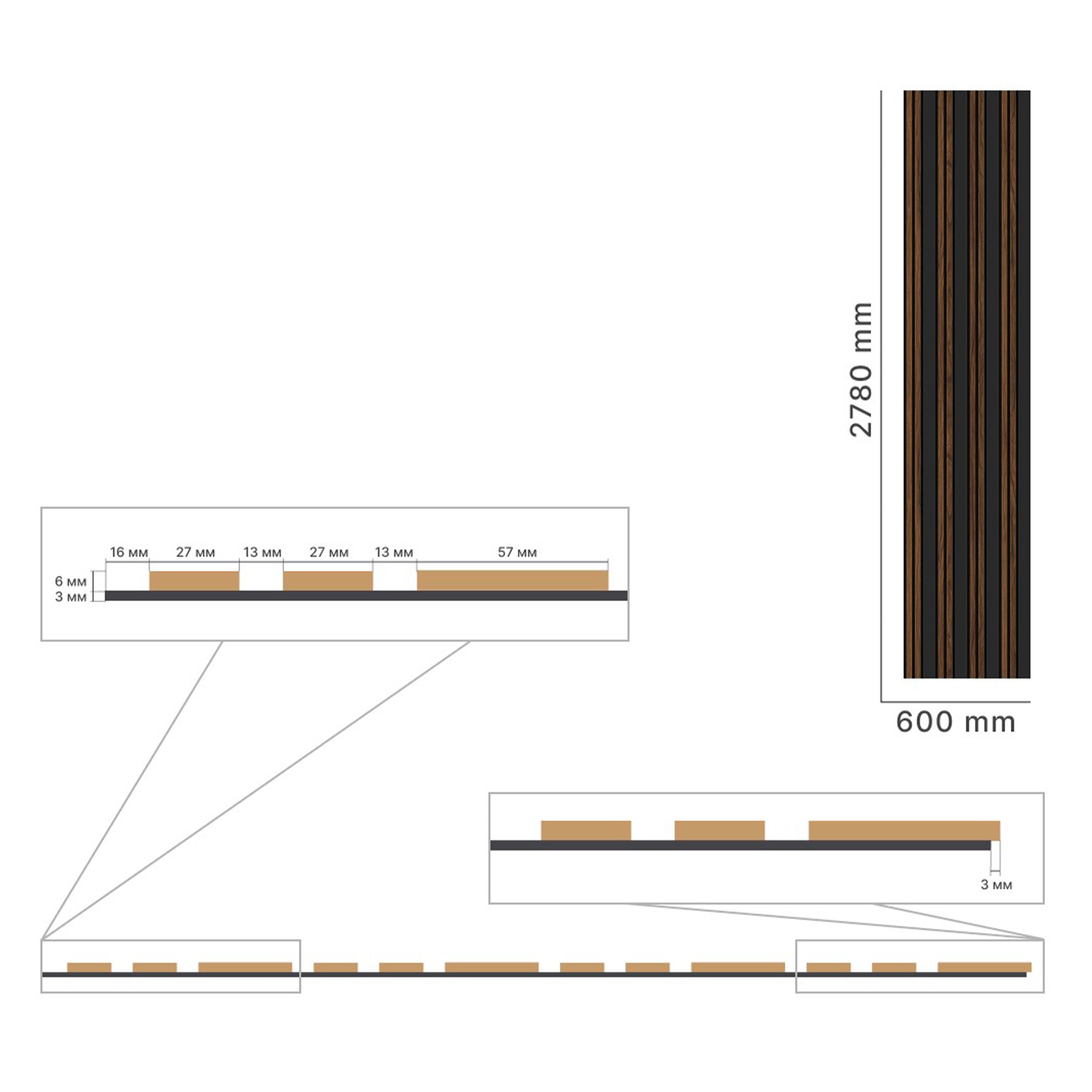 Pannello ACUSTICO arrotolabile (1,66mq) a Lamelli in Fibra di legno mis. 9x600x2780mm BLACK+CATANIA - Eternal Parquet