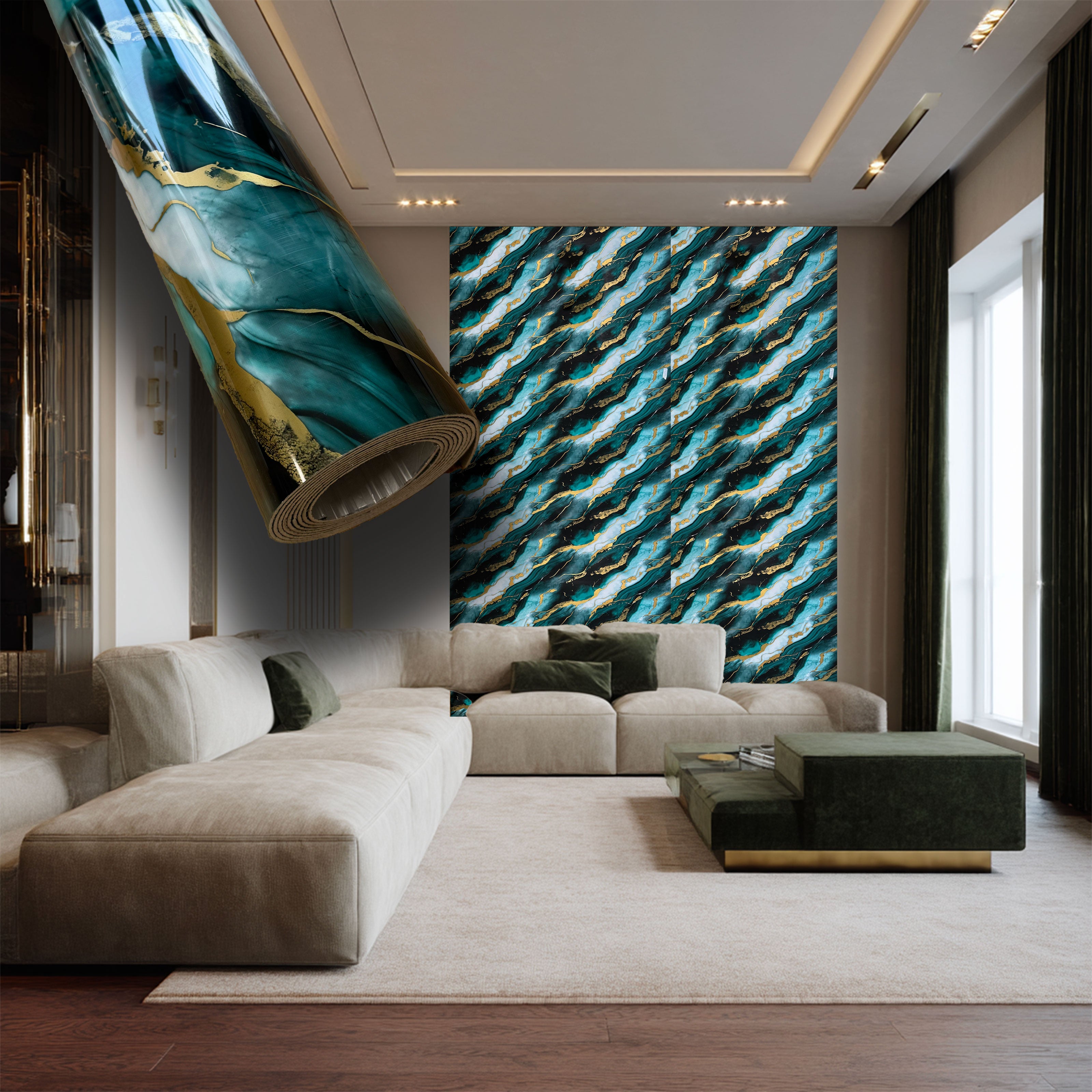 Rotolo da 3,6mq Rivestimento AUTOADESIVO in SXP thermo/acustico MARMO LUCIDO HI-RES 1200x3000x2,5mm HYDRO. Col. PLD-2031 GREEN - Eternal Parquet