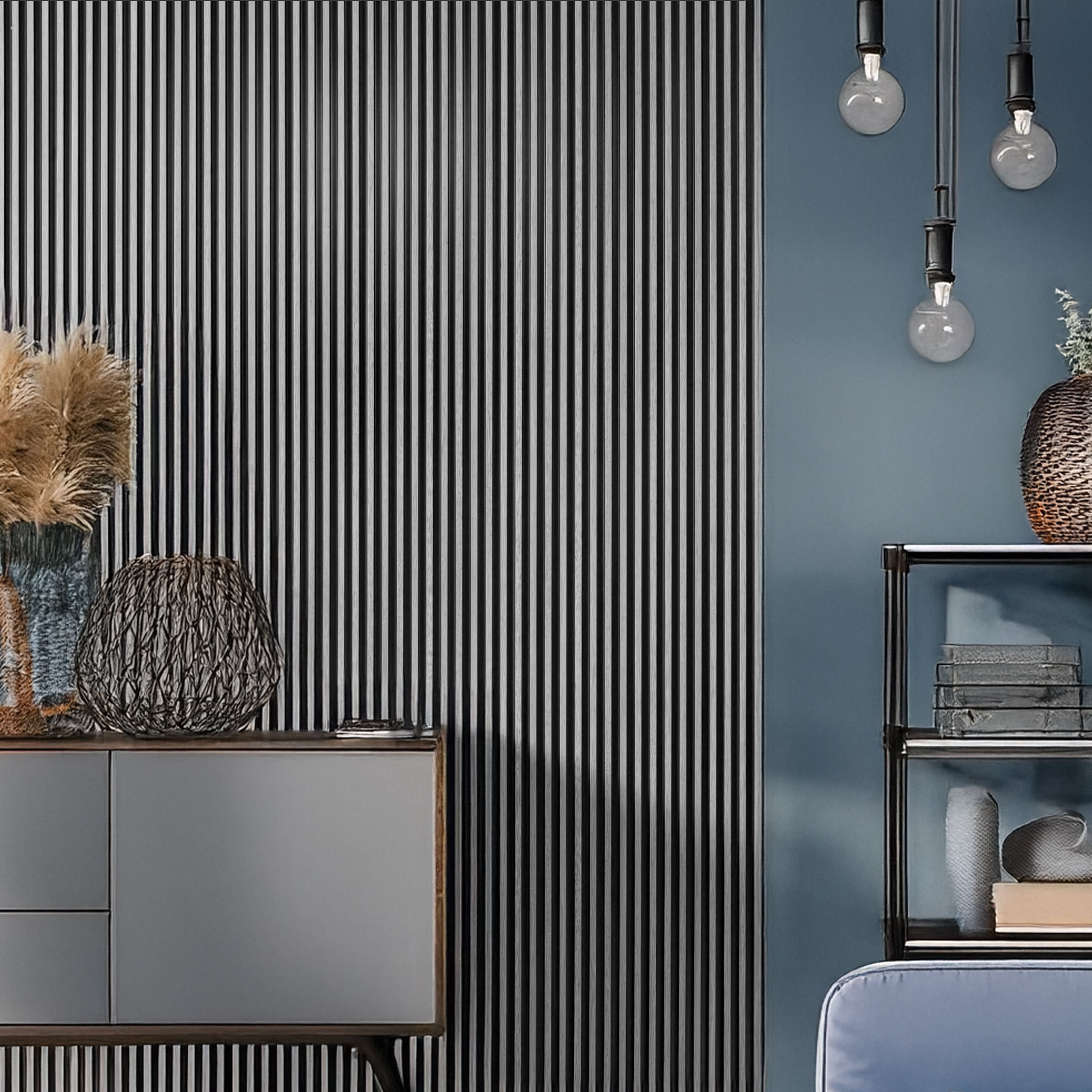 €2,99ml - Asta intera 12x122x2900mm di Rivestimento Parete Boiserie cannettato Lamelli stretti in Polimeri ROVERE GRIGIO - Eternal Parquet