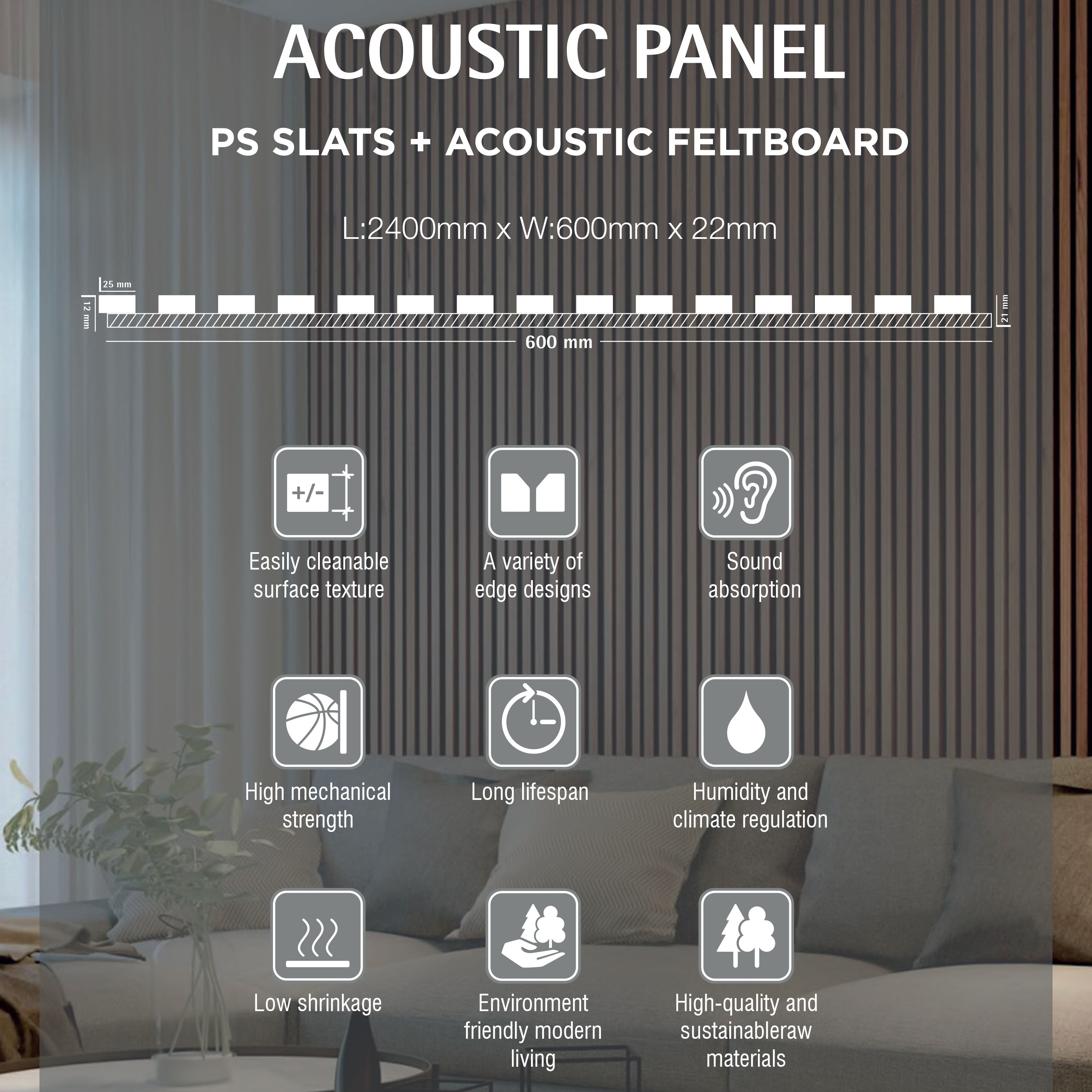 Pannello intero 21x600x2800mm (1,74mq) di Rivestimento ACUSTICO a Lamelli in Polimeri e Pet TOP-QUALITY - ROVERE DARK - Eternal Parquet