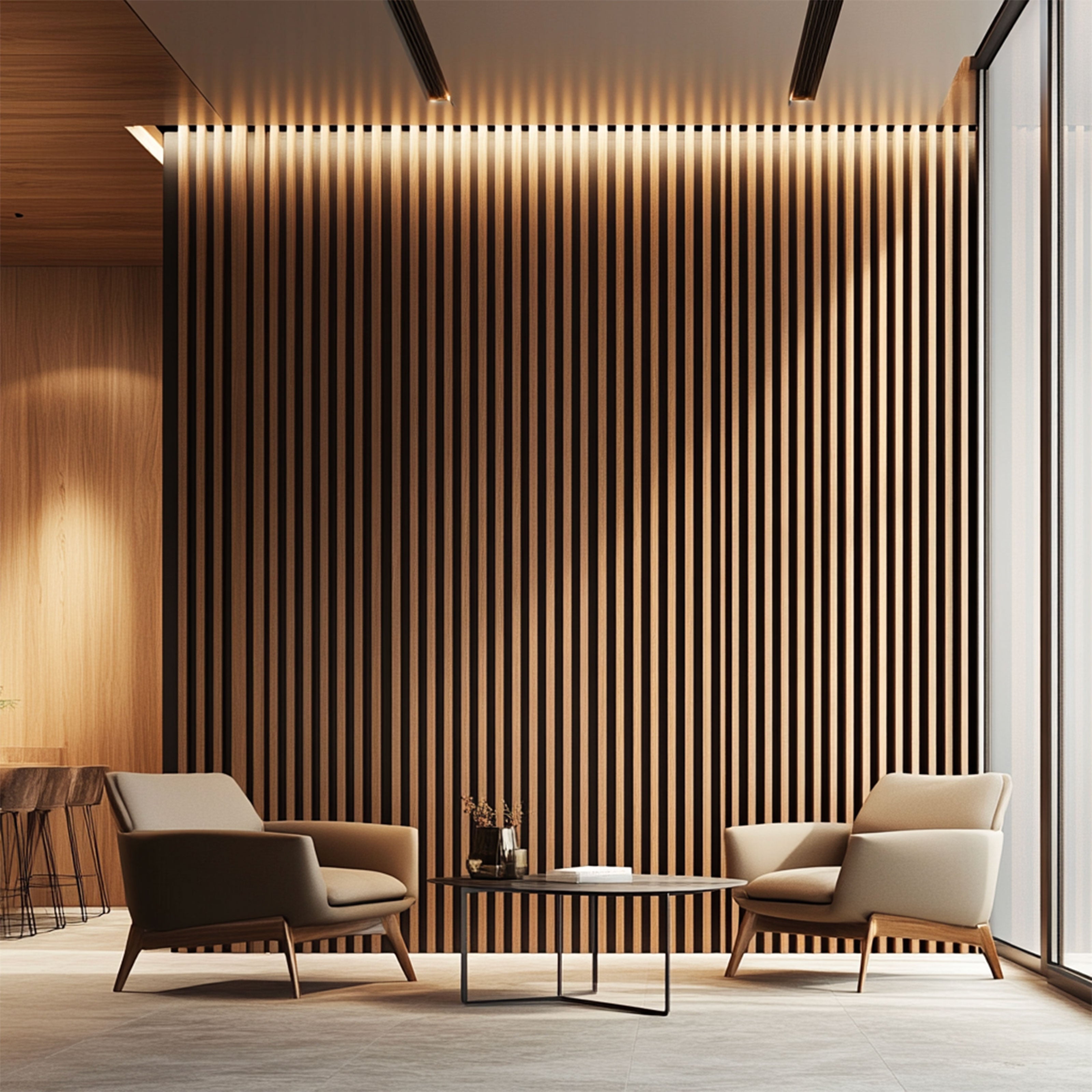 Pannello intero 21x600x2800mm (1,74mq) di Rivestimento ACUSTICO a Lamelli in Polimeri e Pet TOP-QUALITY - ROVERE MEDIO - Eternal Parquet