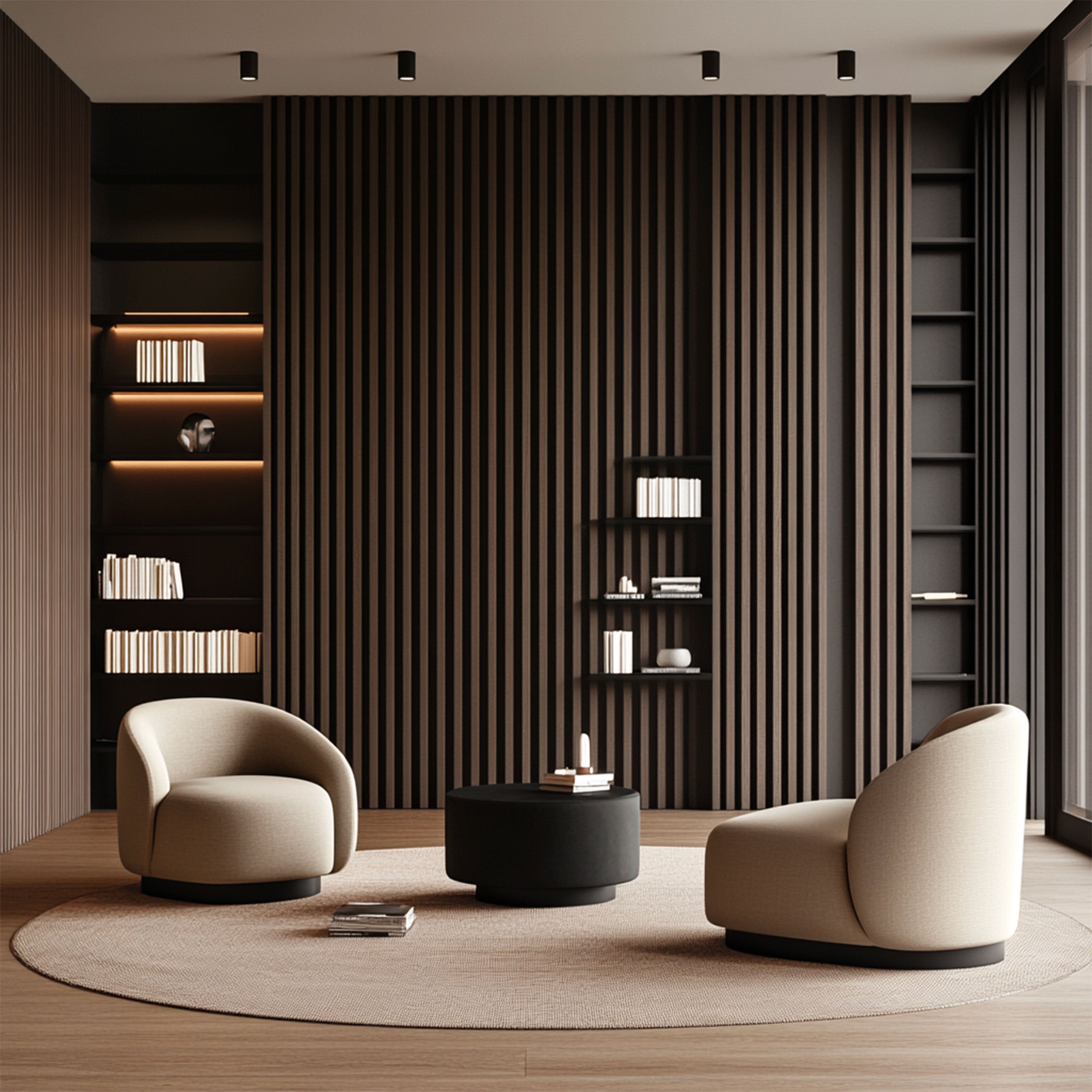 Pannello intero 21x600x2800mm (1,74mq) di Rivestimento ACUSTICO a Lamelli in Polimeri e Pet TOP-QUALITY - ROVERE DARK - Eternal Parquet