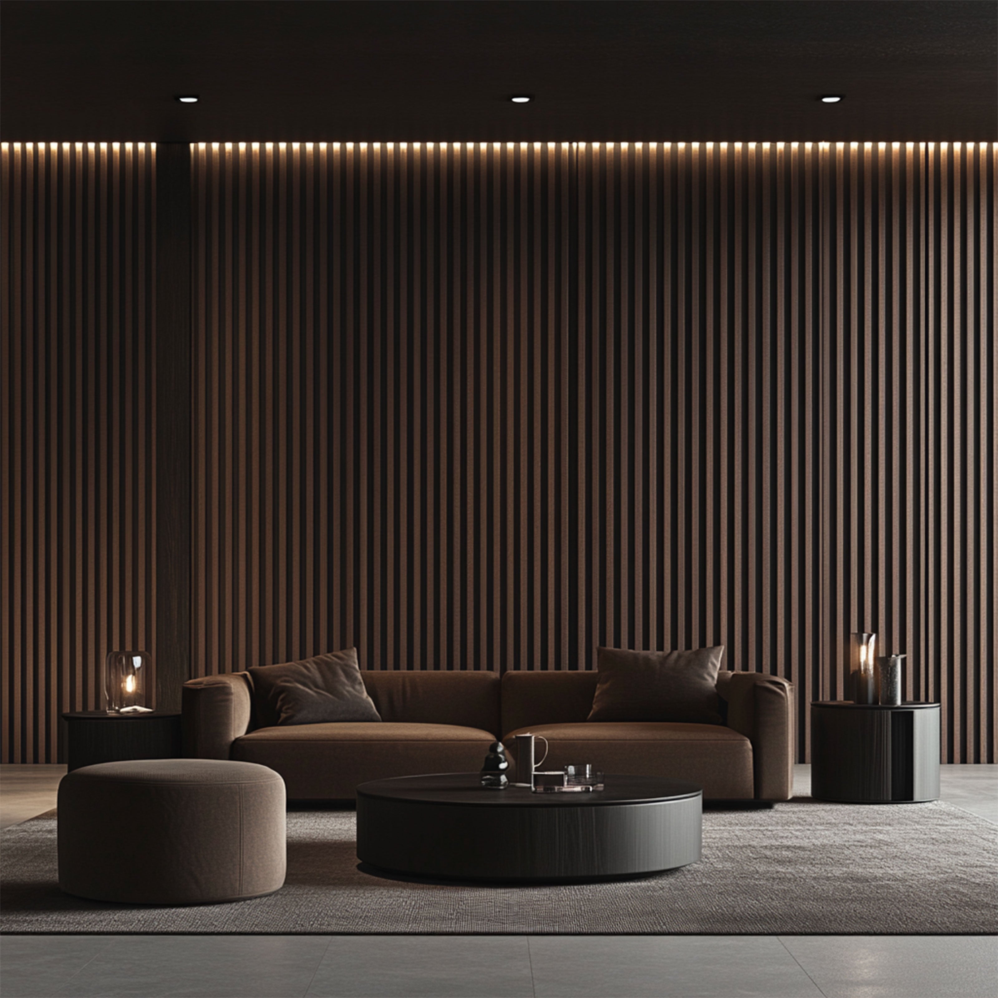 Pannello intero 21x600x2800mm (1,74mq) di Rivestimento ACUSTICO a Lamelli in Polimeri e Pet TOP-QUALITY - ROVERE DARK - Eternal Parquet