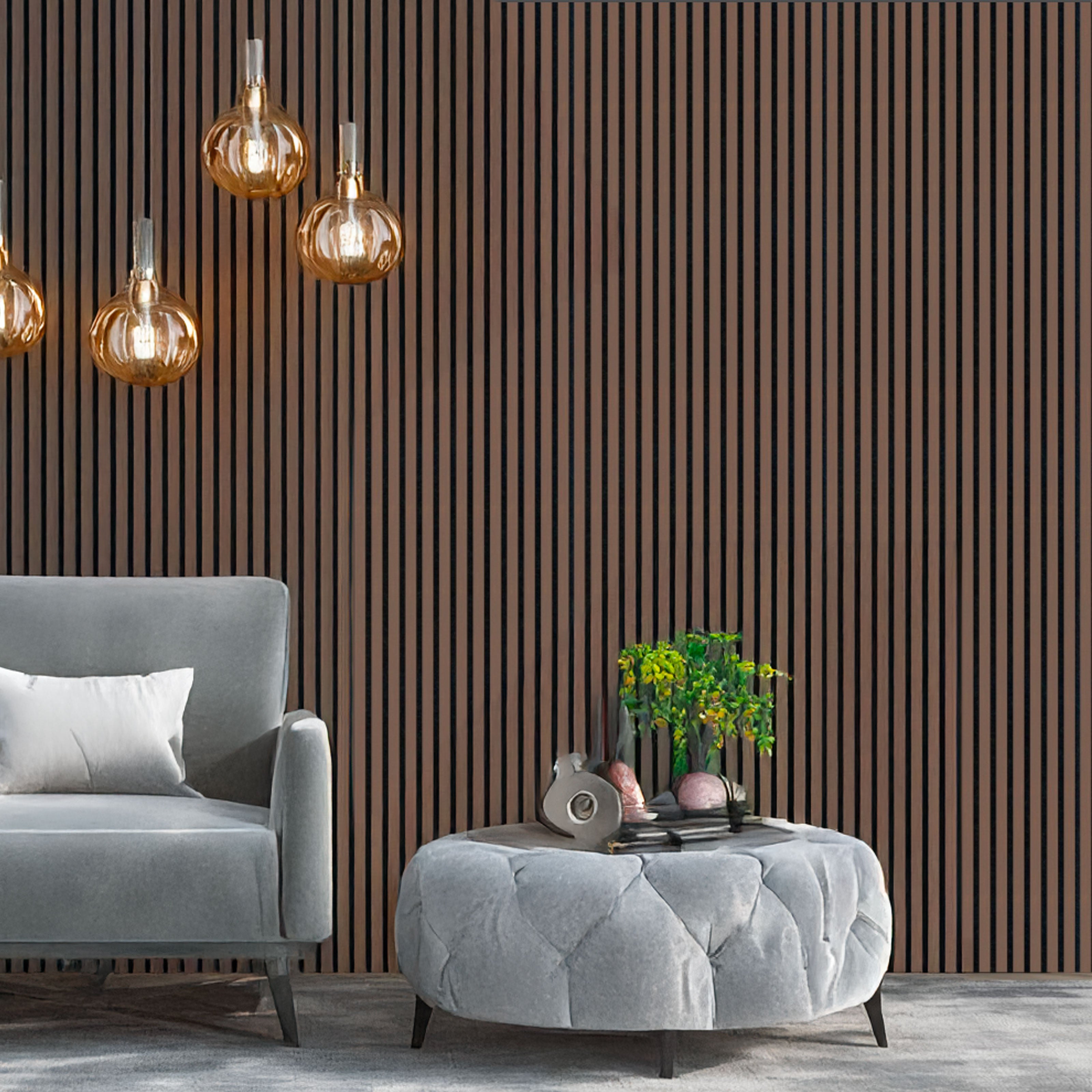 Pannello ACUSTICO (1,74mq) a Lamelli AUTOADESIVO rivestito in VERO LEGNO + feltro + fibra di legno - mis. 12x600x2900mm NOCE - Eternal Parquet