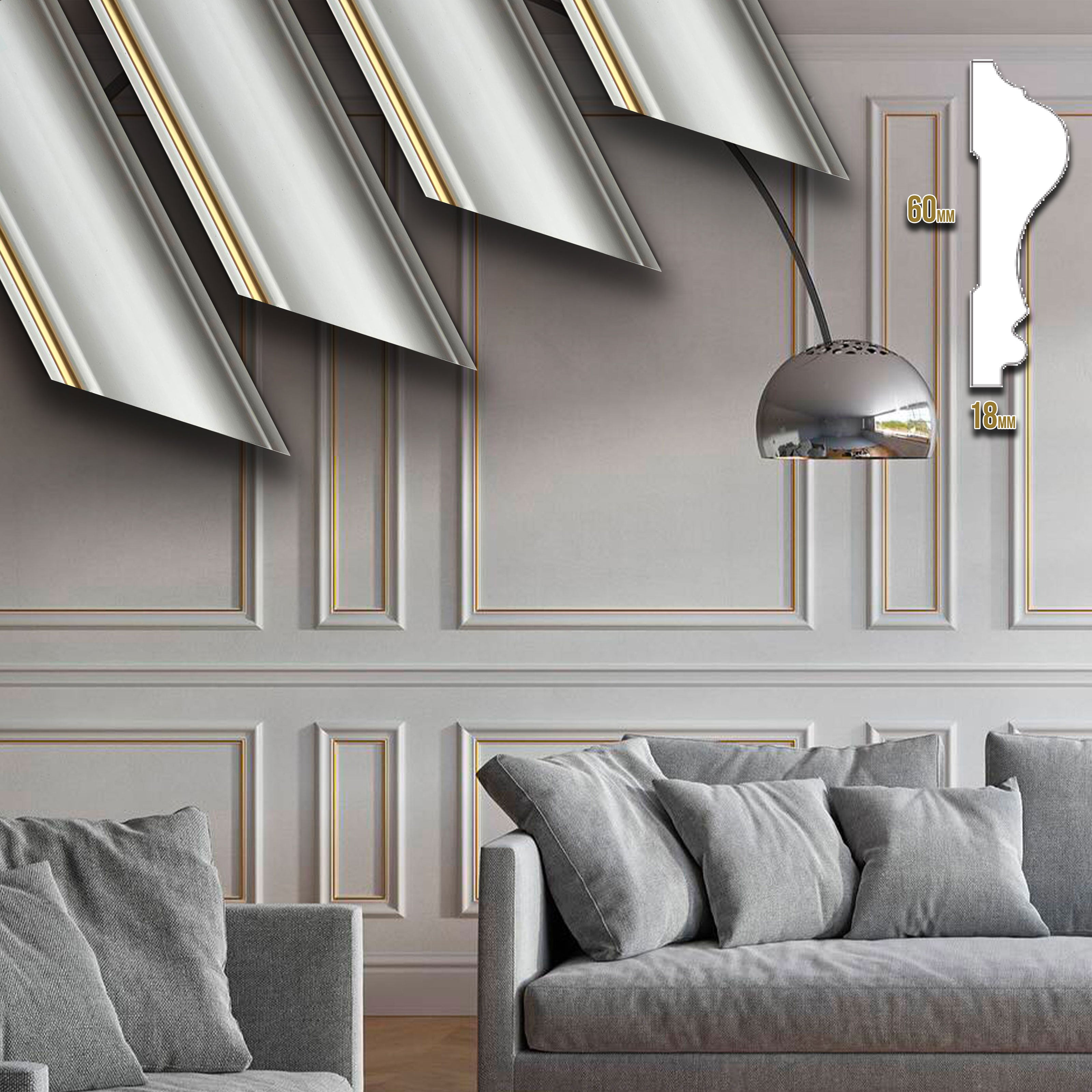 4 barre intere PRETAGLIATE AD ANGOLO per Bugna Boiserie in polimeri linea GOLD (filo oro) bianco Avorio 9010 varie dimensioni - Eternal Parquet