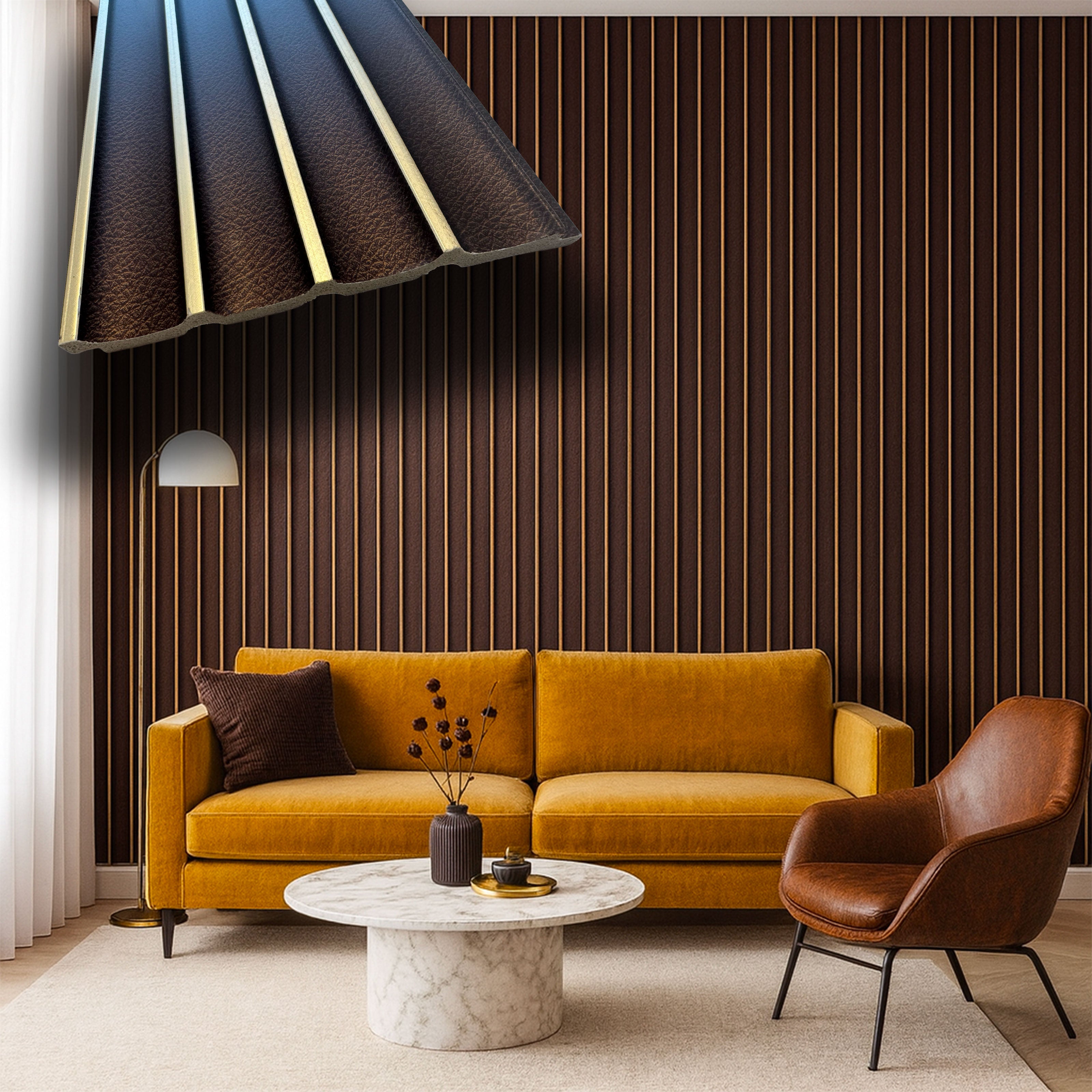 Asta intera 12x127x2800mm di Rivestimento Parete Boiserie cannettato Lamelli in polimeri LEATHER and GOLD - Eternal Parquet