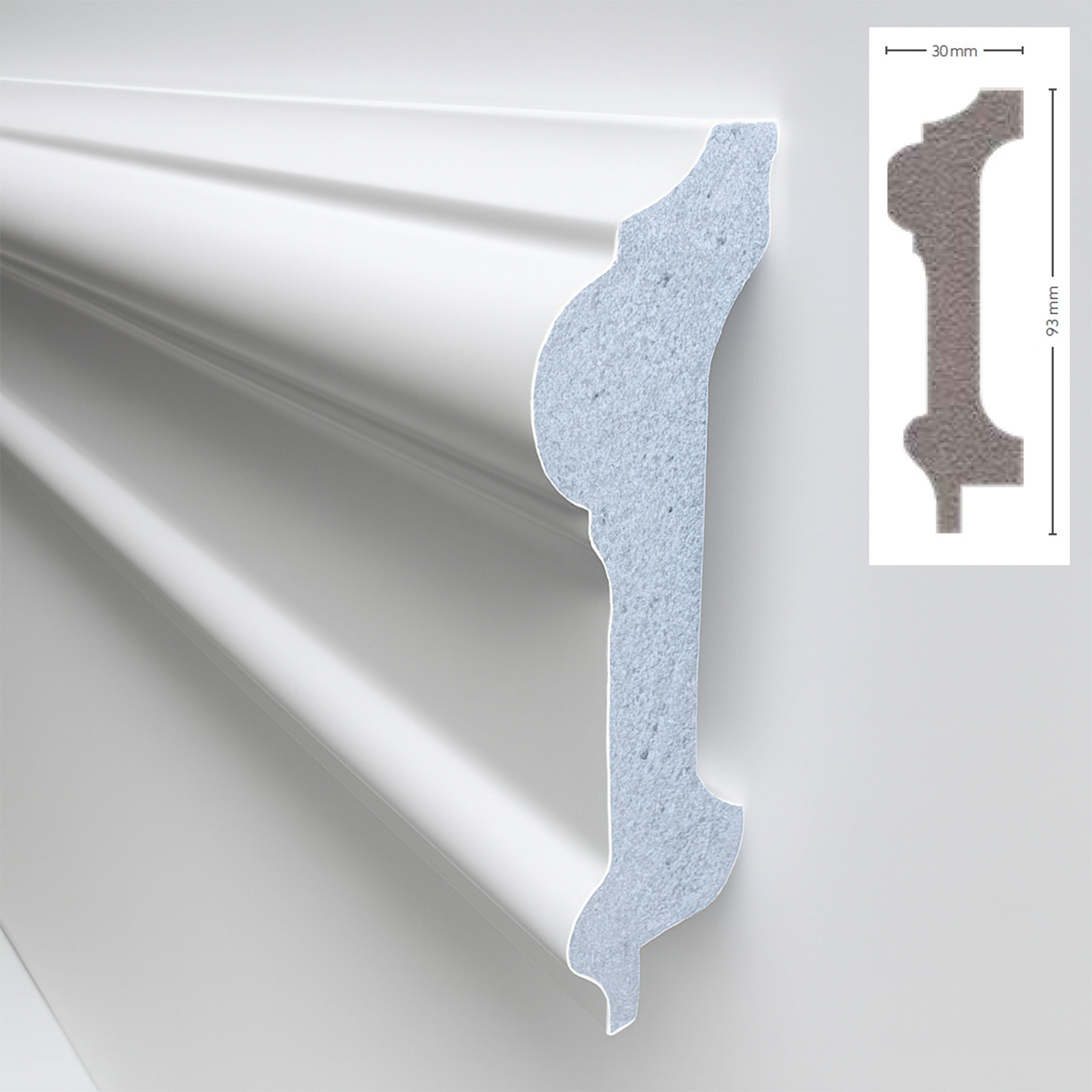 *STOCK FOLLI* pacco da 22ml di Profilo per boiserie in Polimeri Bianco RAL 9016 verniciabile 93X30mm - Eternal Parquet