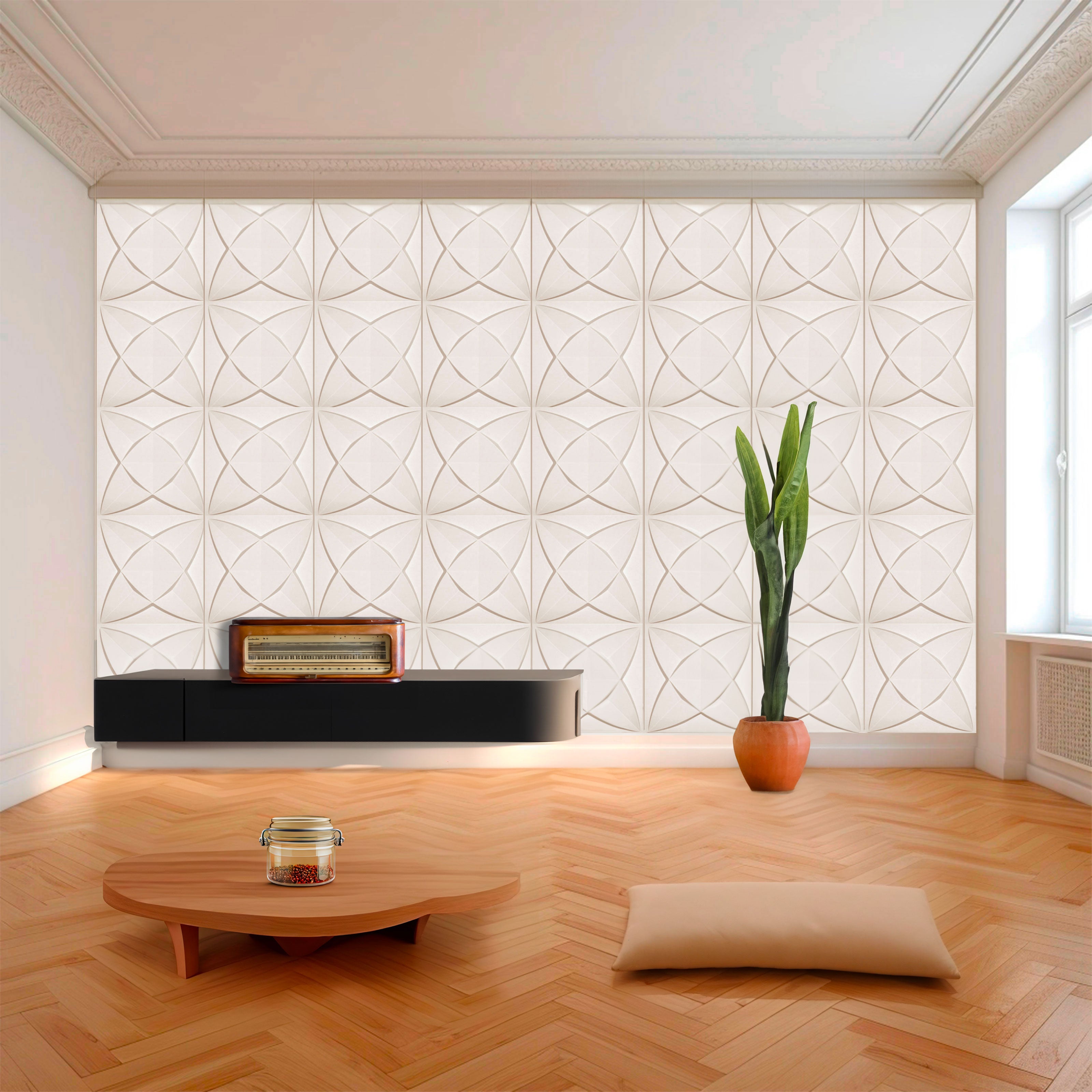 €1,99 Pannello in fibra naturale a parete 3D, rivestimento di lusso 3D 50X50cm BIANCO verniciabile PETALI Eternal Parquet