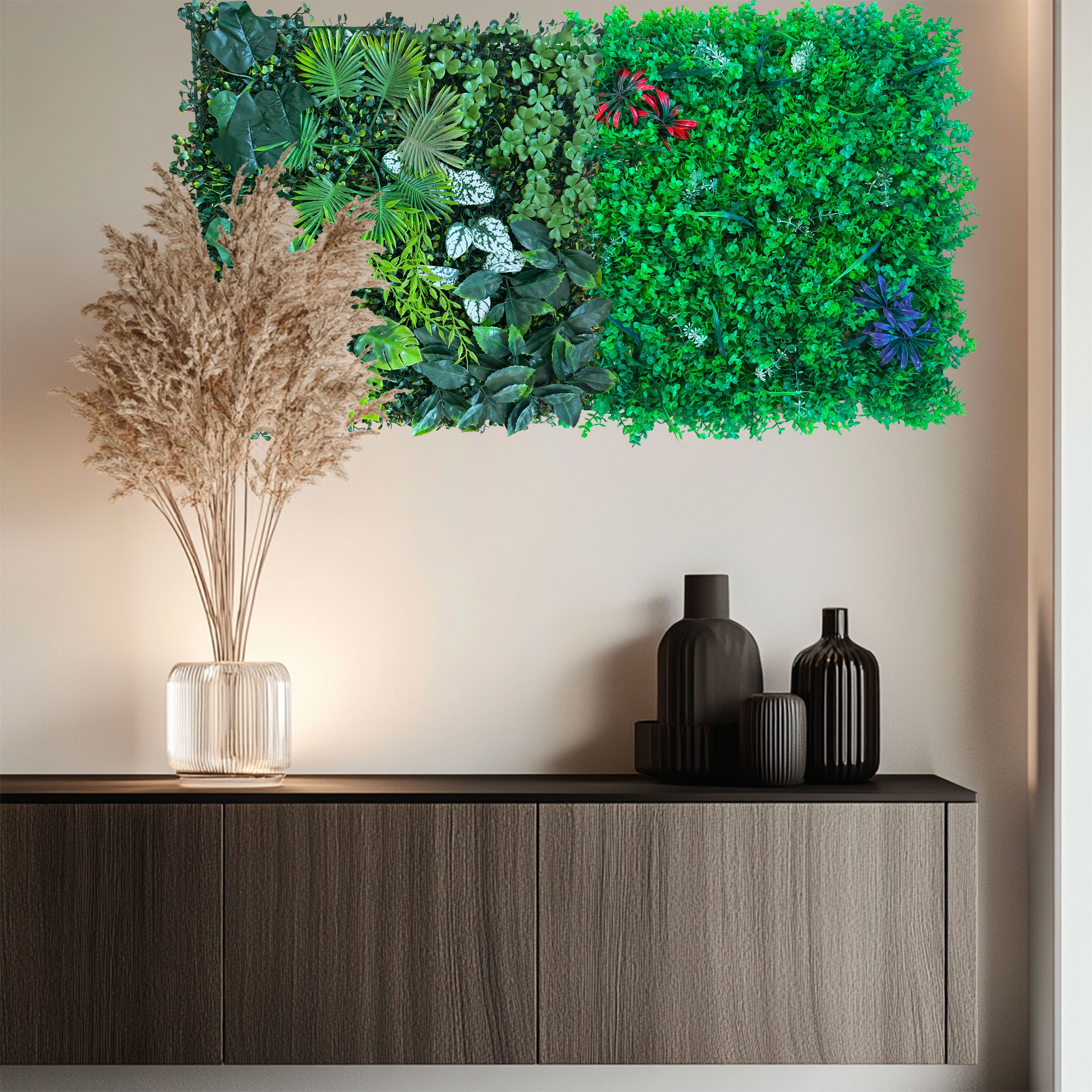 Pannelli Verde Verticale 50×50 cm Ultra-realistici e folti, per interno/esterno BOSSO E FIORI - Eternal Parquet - Eternal Parquet