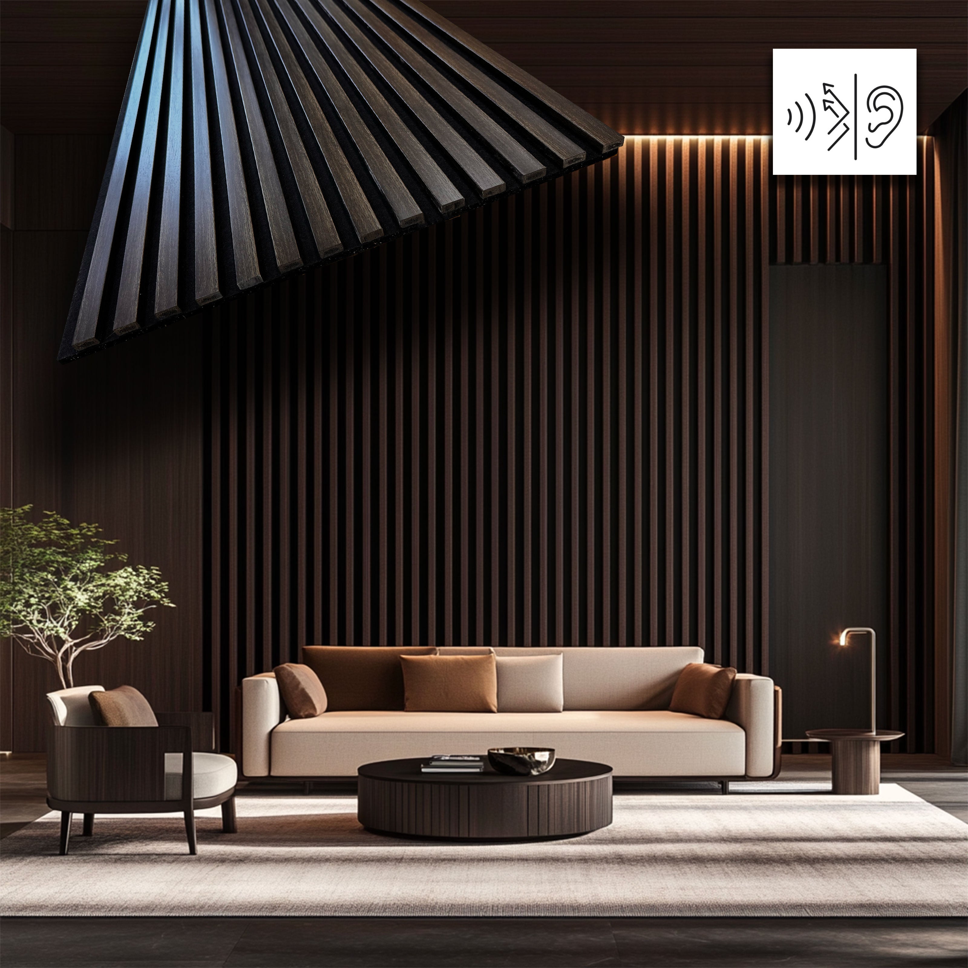 Pannello intero 21x600x2800mm (1,74mq) di Rivestimento ACUSTICO a Lamelli in Polimeri e Pet TOP-QUALITY - ROVERE DARK - Eternal Parquet