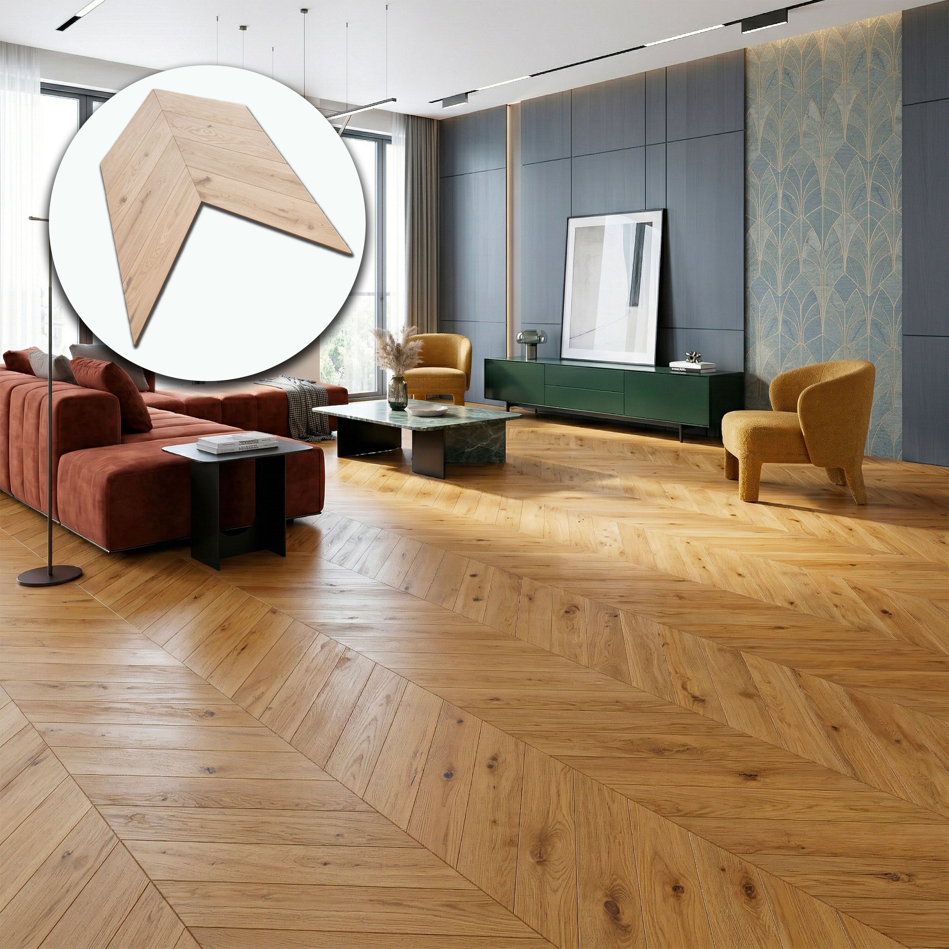 €33,99MQ *STOCK LUXURY* Lotto da 37mq Chevron in Rovere nodato prefinito prelevigato bisell. grezzo 12x120x470mm (3mm nobile) - Eternal Parquet