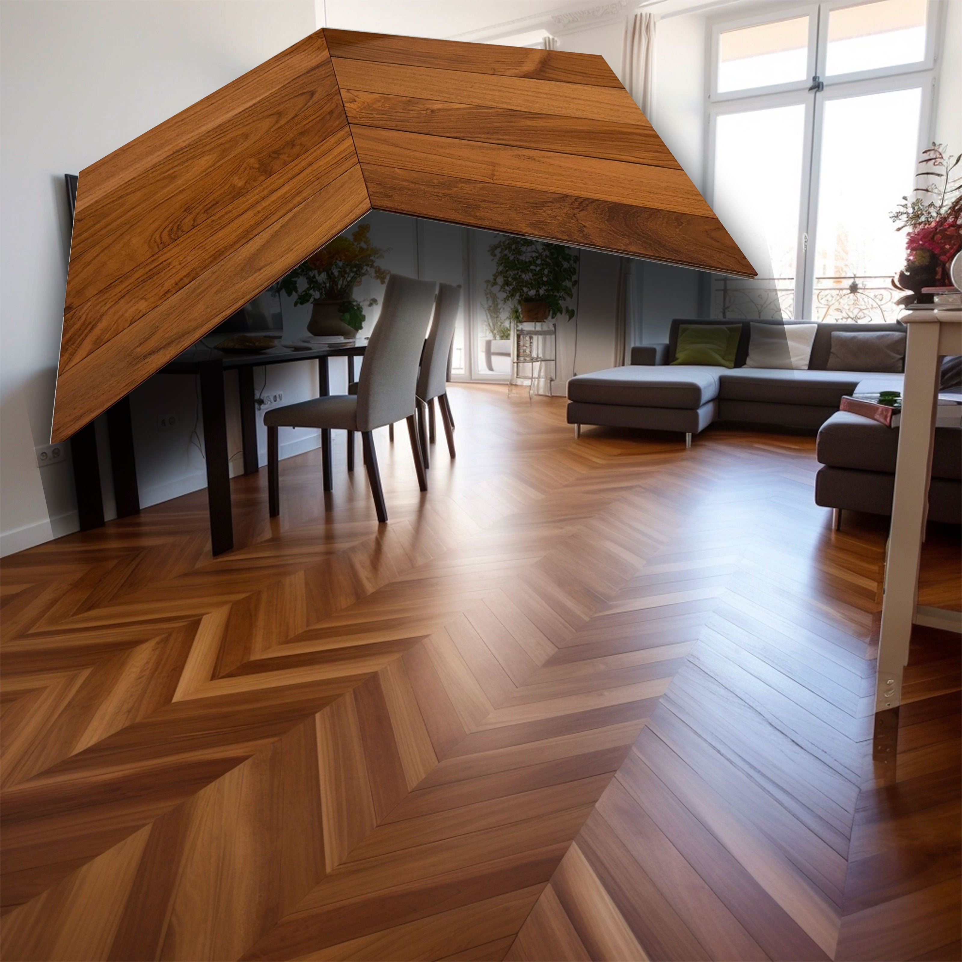 Parquet prefinito massello (due strati in teak) Teak Asia Spina ungherese vern. effetto olio, bisellato 10x70x490 - Eternal Parquet