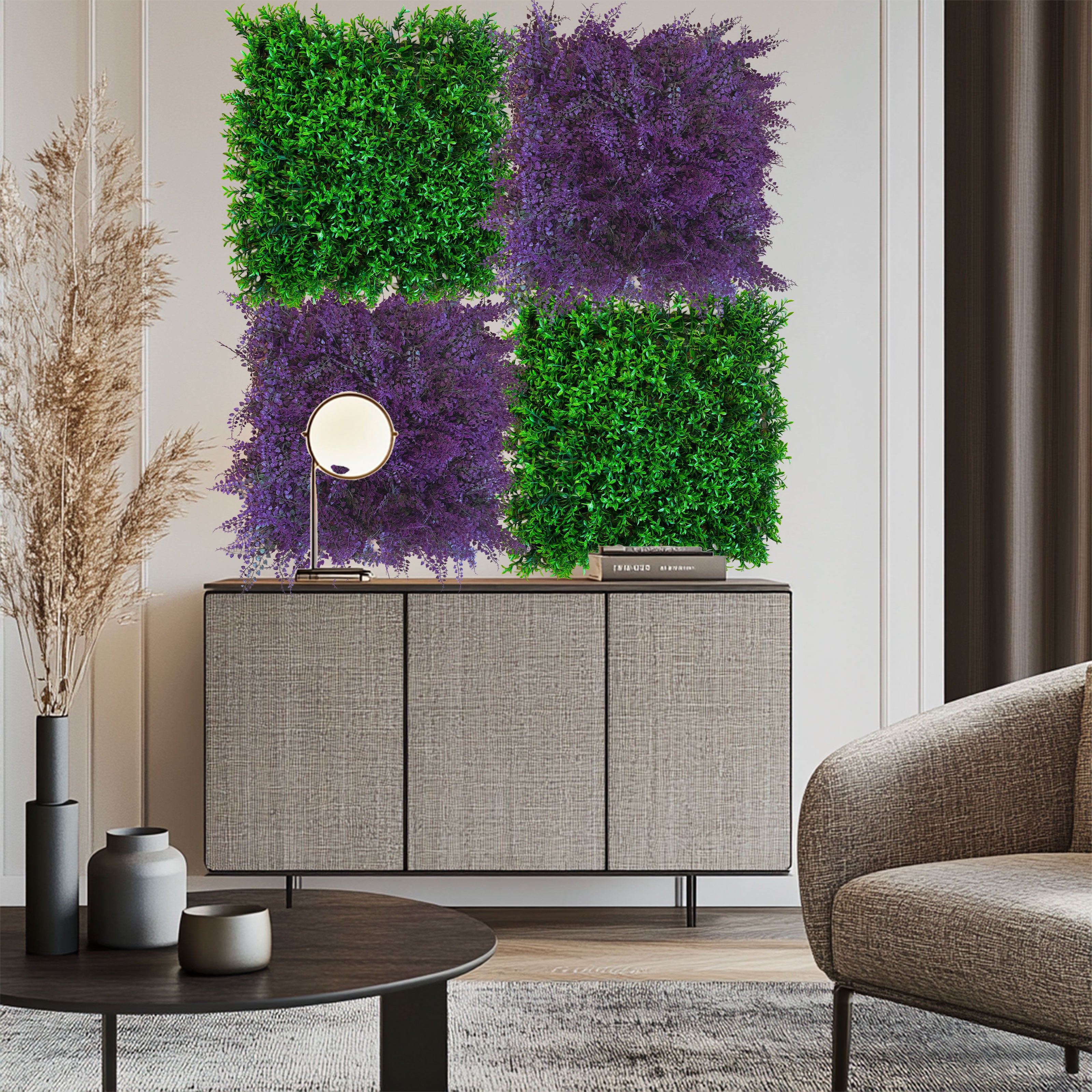 Pannelli Verde Verticale 50×50 cm Ultra-realistici e folti, per interno/esterno EUCALIPTO VIOLA - Eternal Parquet - Eternal Parquet