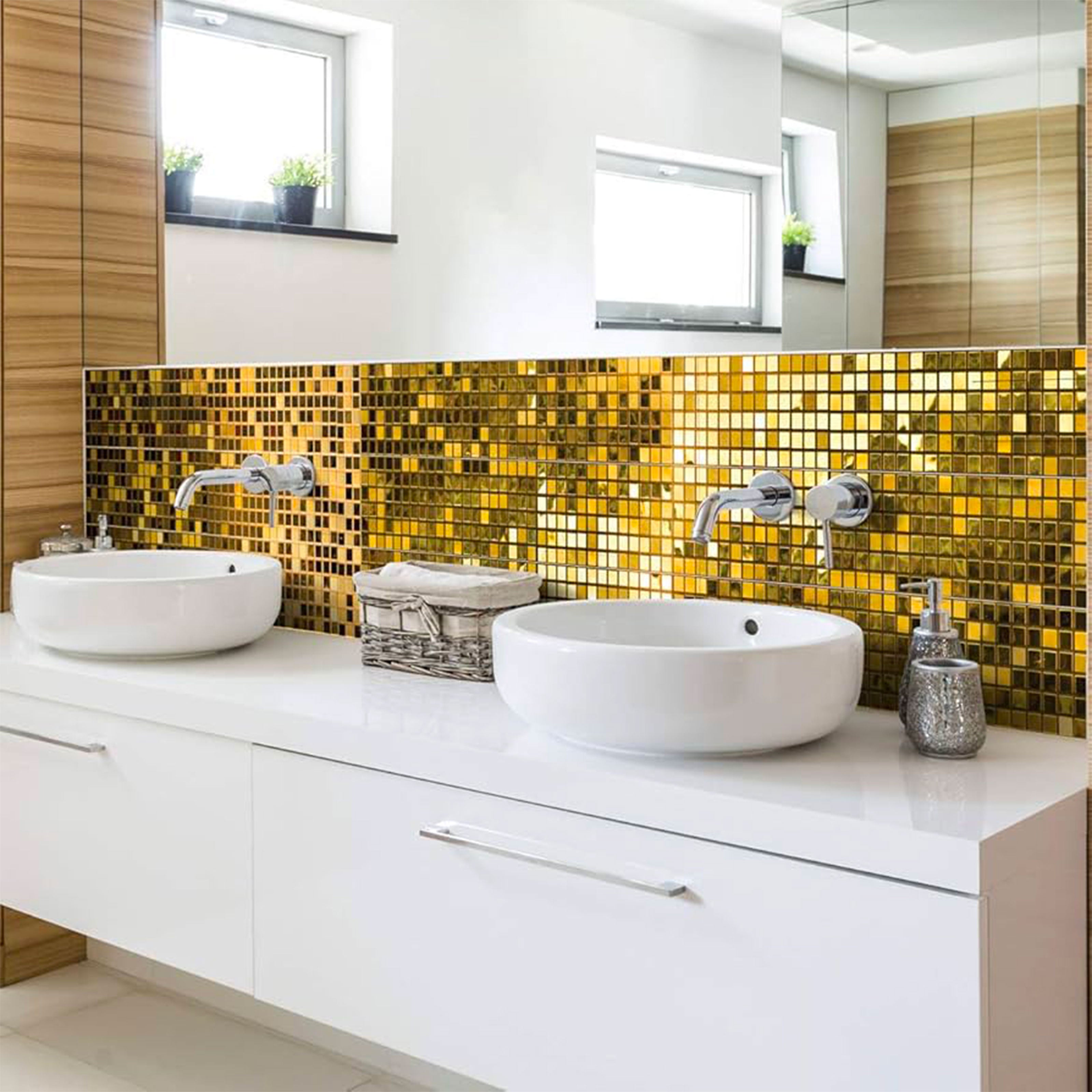 TOP di GAMMA! Piastrella autoadesiva in VETRO lucido mosaico 30x30cm (sp. 3mm) color ORO, idrofobo. - Eternal Parquet