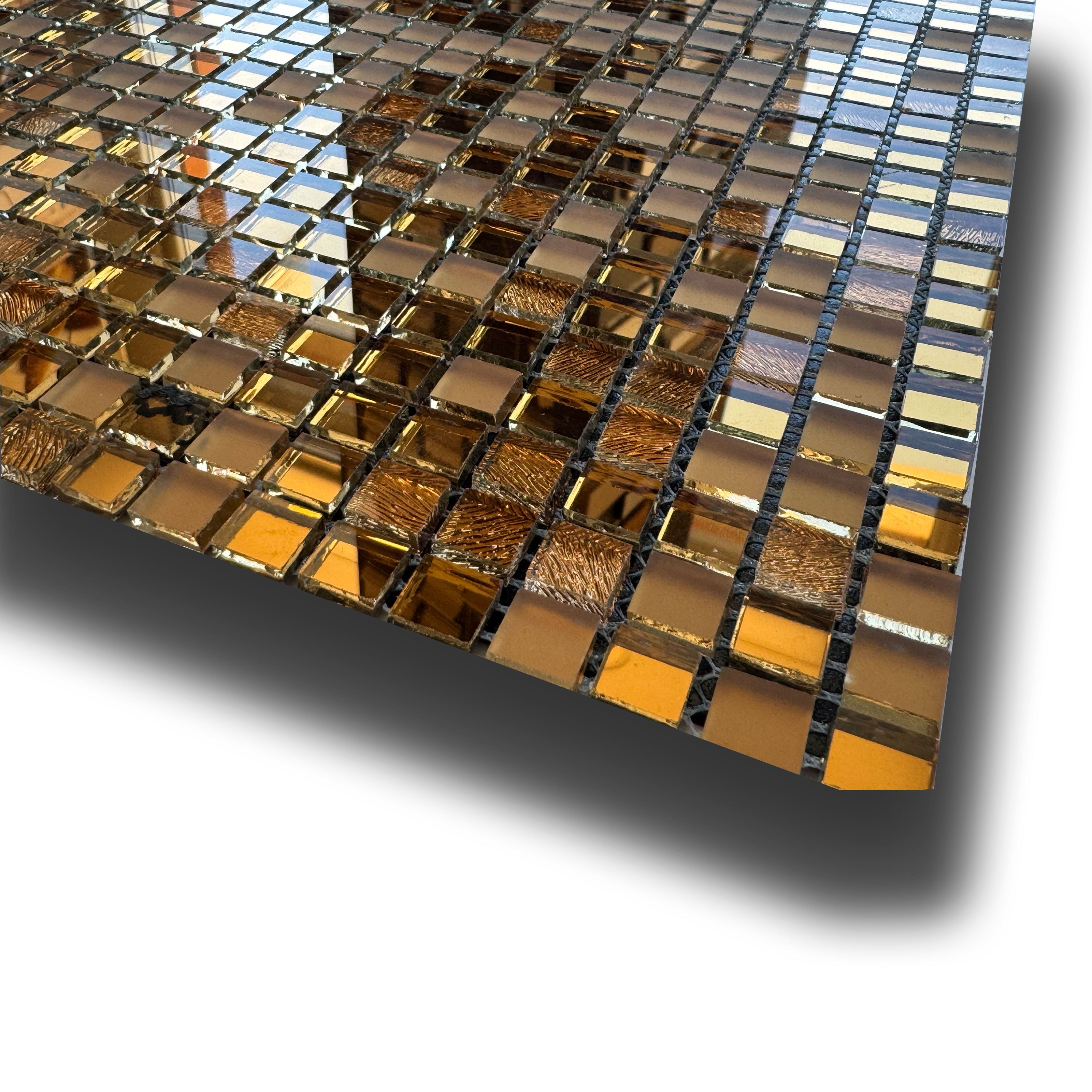 TOP di GAMMA! Piastrella autoadesiva in VETRO lucido mosaico 30x30cm (sp. 3mm) color ORO, idrofobo. - Eternal Parquet