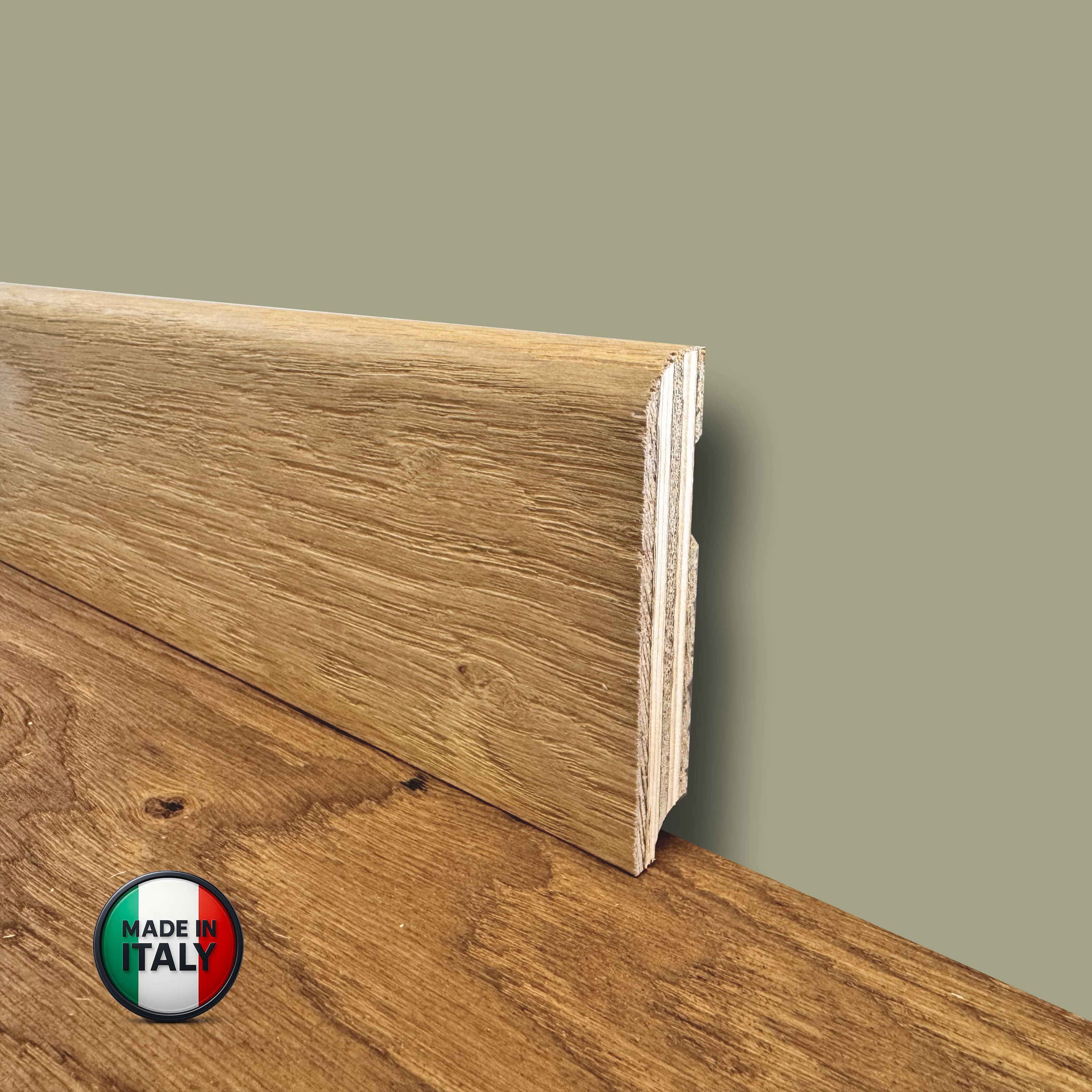 €1,49ml ** FUORI TUTTO ** Lotti da 129ml di Battiscopa in legno multistrato impiall. ROVERE SPAZZ. PROFONDO 82x13mm - Eternal Parquet