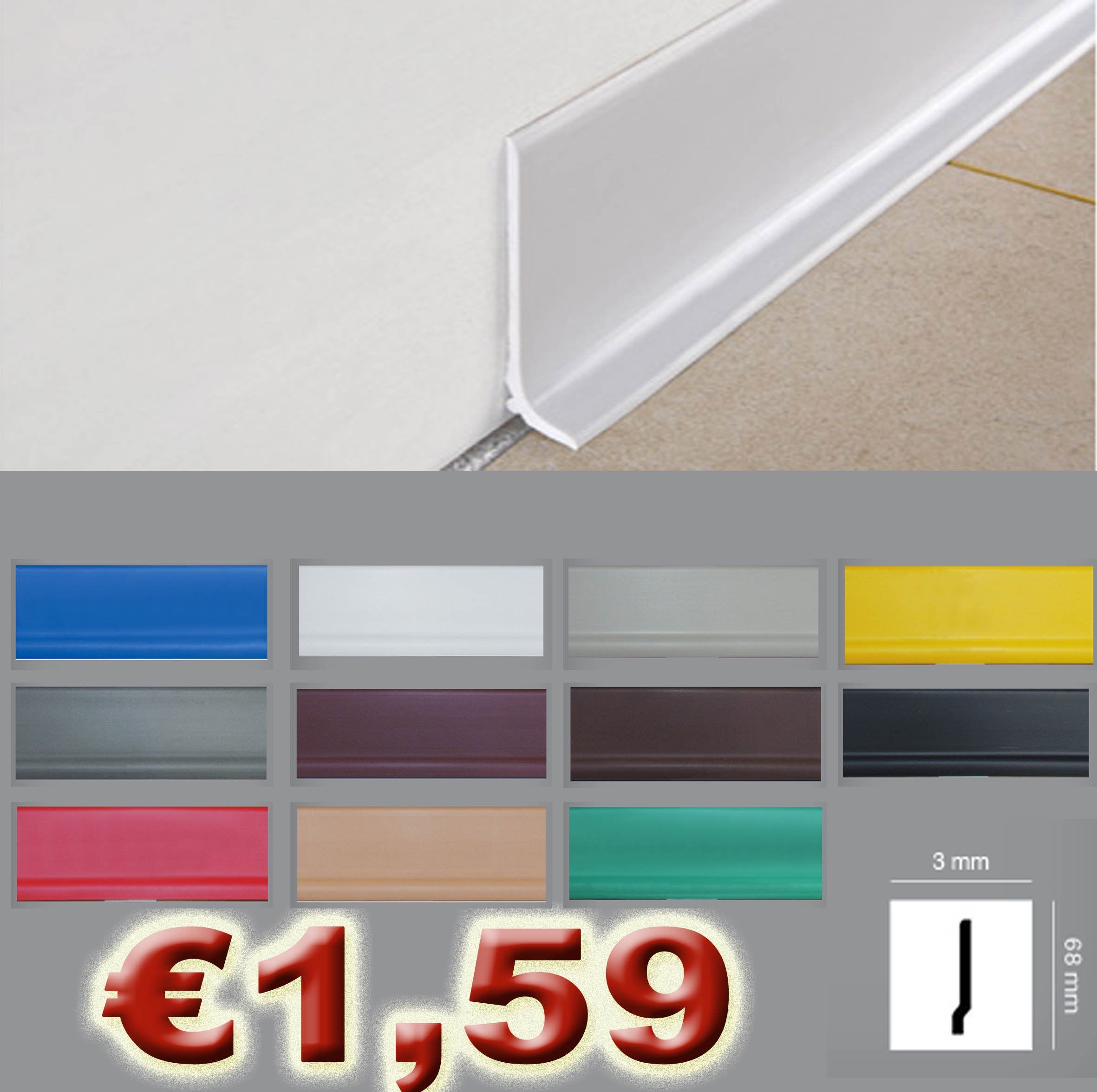 Skirting board in scratch-resistant polystructured 11 colors 68X3